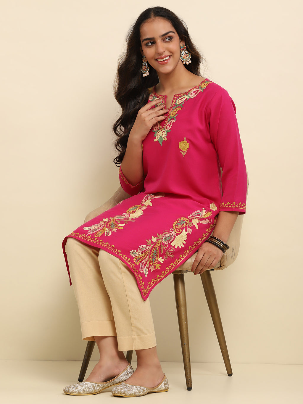 Aari Embroidered Cotton Solid Women's Long Kurta- Fuchsia Pink