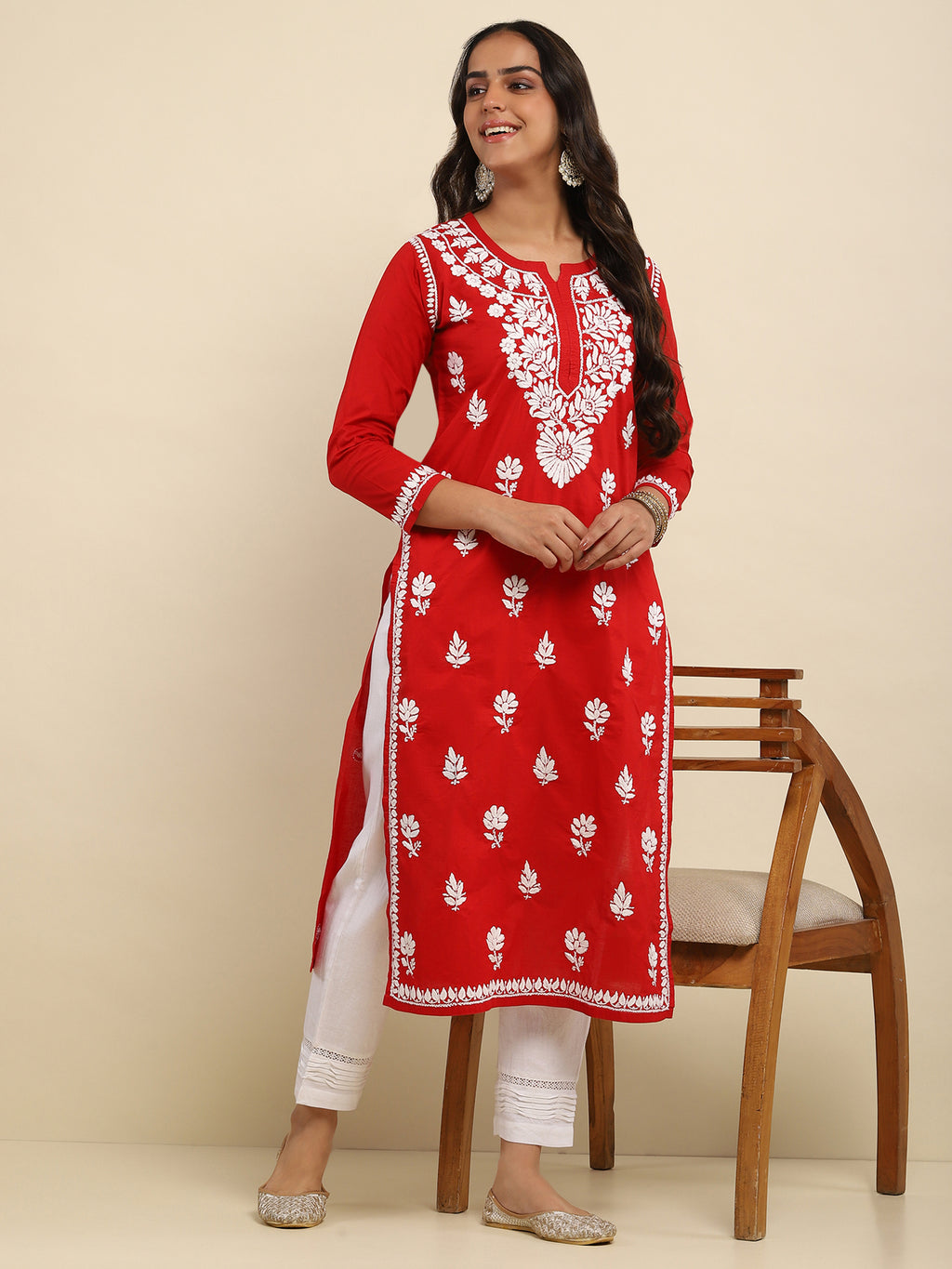 Cotton Chikankari Solid Women's Long Kurta- Red