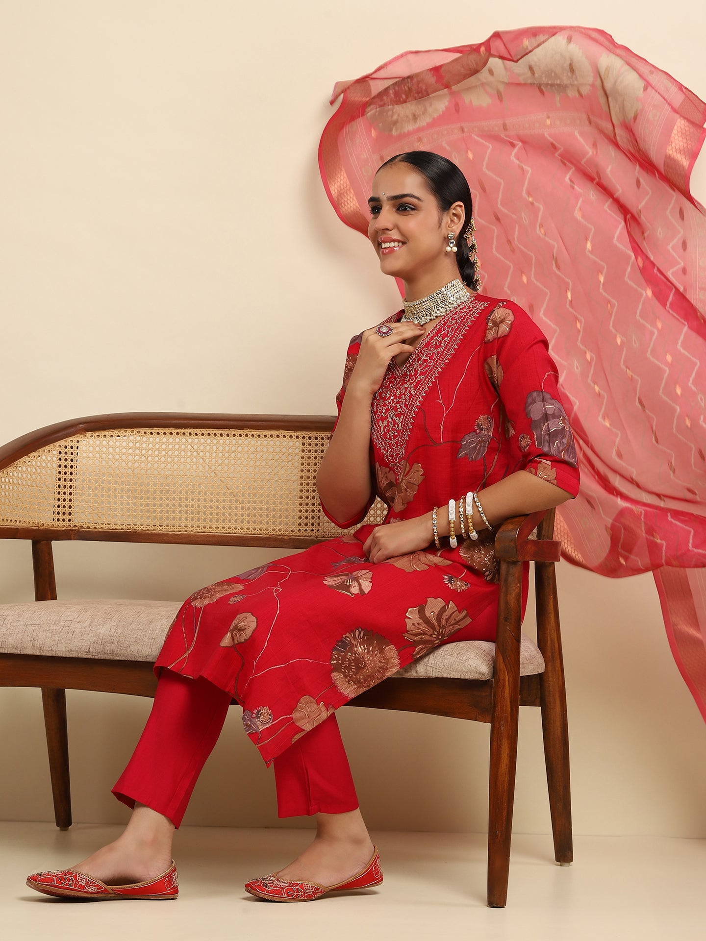 Cotton Embroidered Printed Women's 3 PC Long Kurta Set- Red