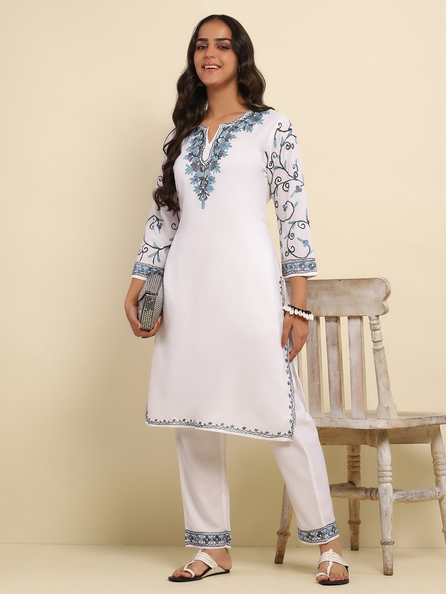 Aari Embroidered Cotton Solid Women's 2 PC Long Kurta Set- White