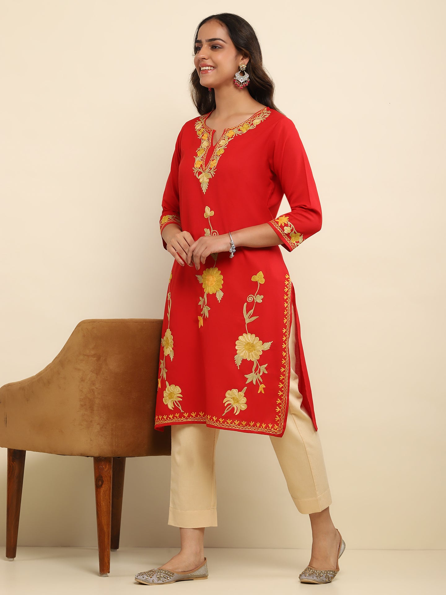 Aari Embroidered Cotton Solid Women's Long Kurta- Red
