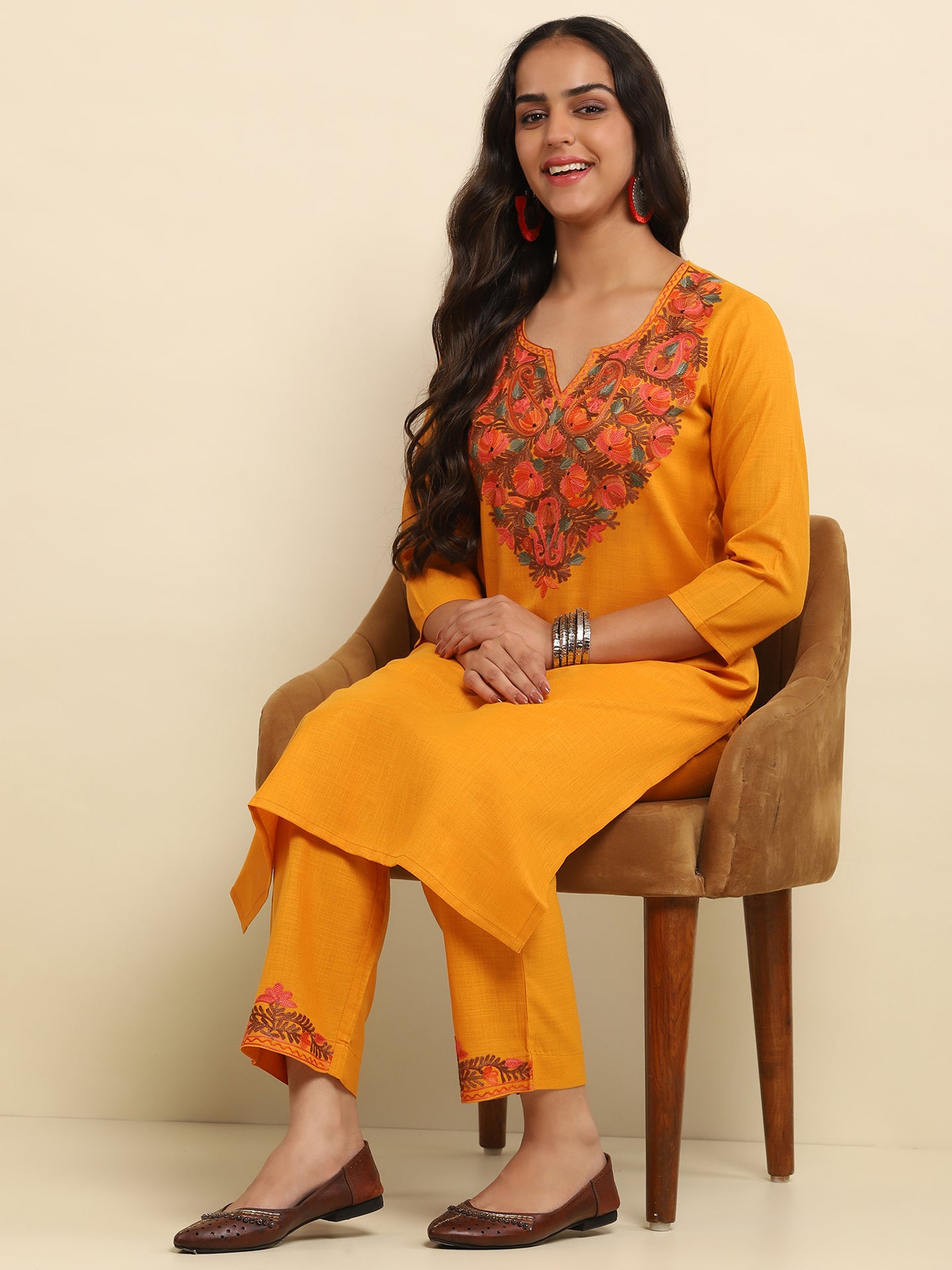 Aari Embroidered Cotton Solid Women's 2 PC Long Kurta Set- Mustard Yellow