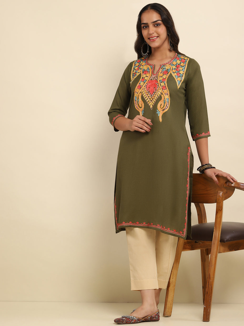 Aari Embroidered Cotton Solid Women's Long Kurta- Olive Green