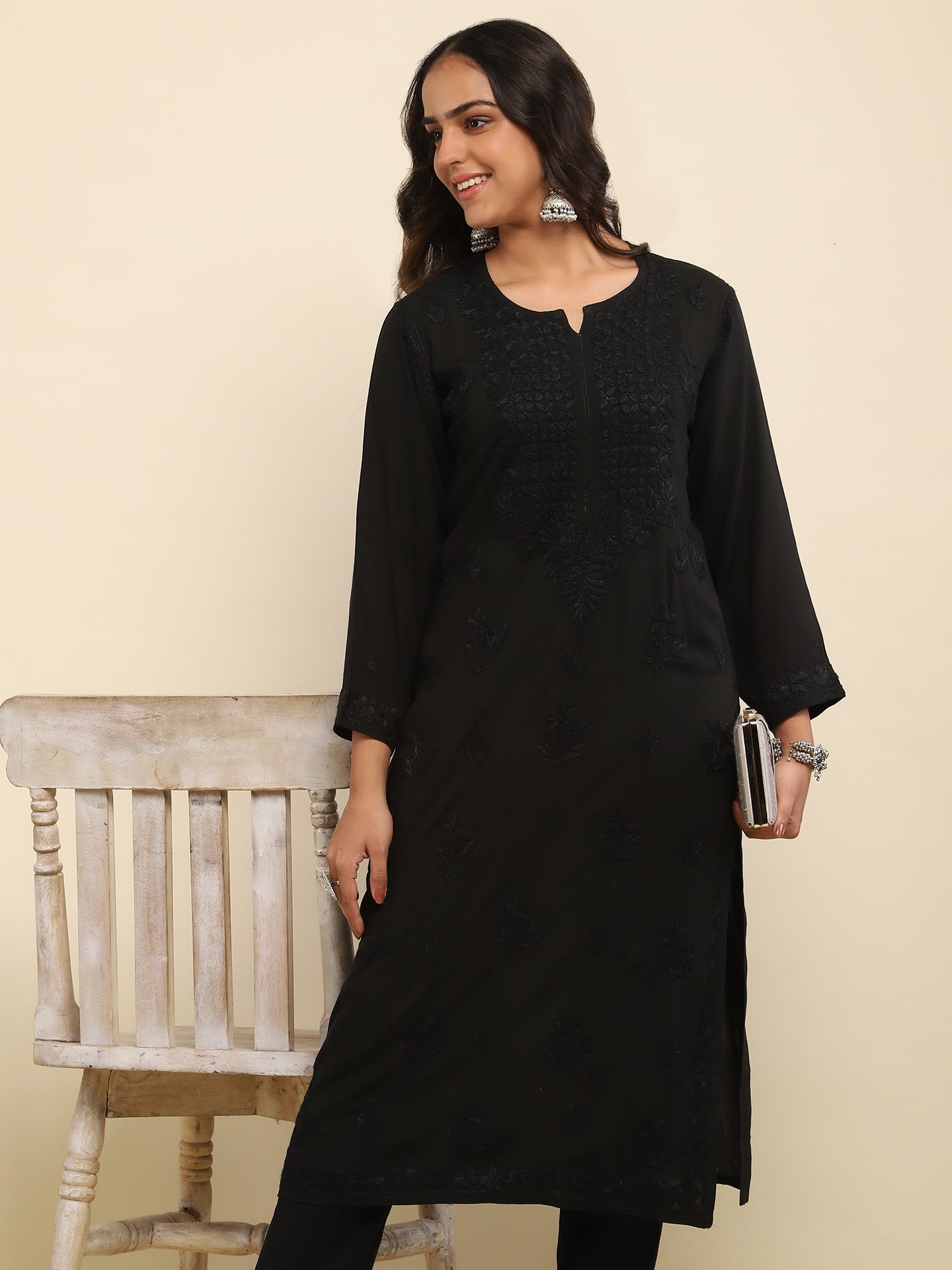 Rayon Chikankari Solid Women's Long Kurta- Black