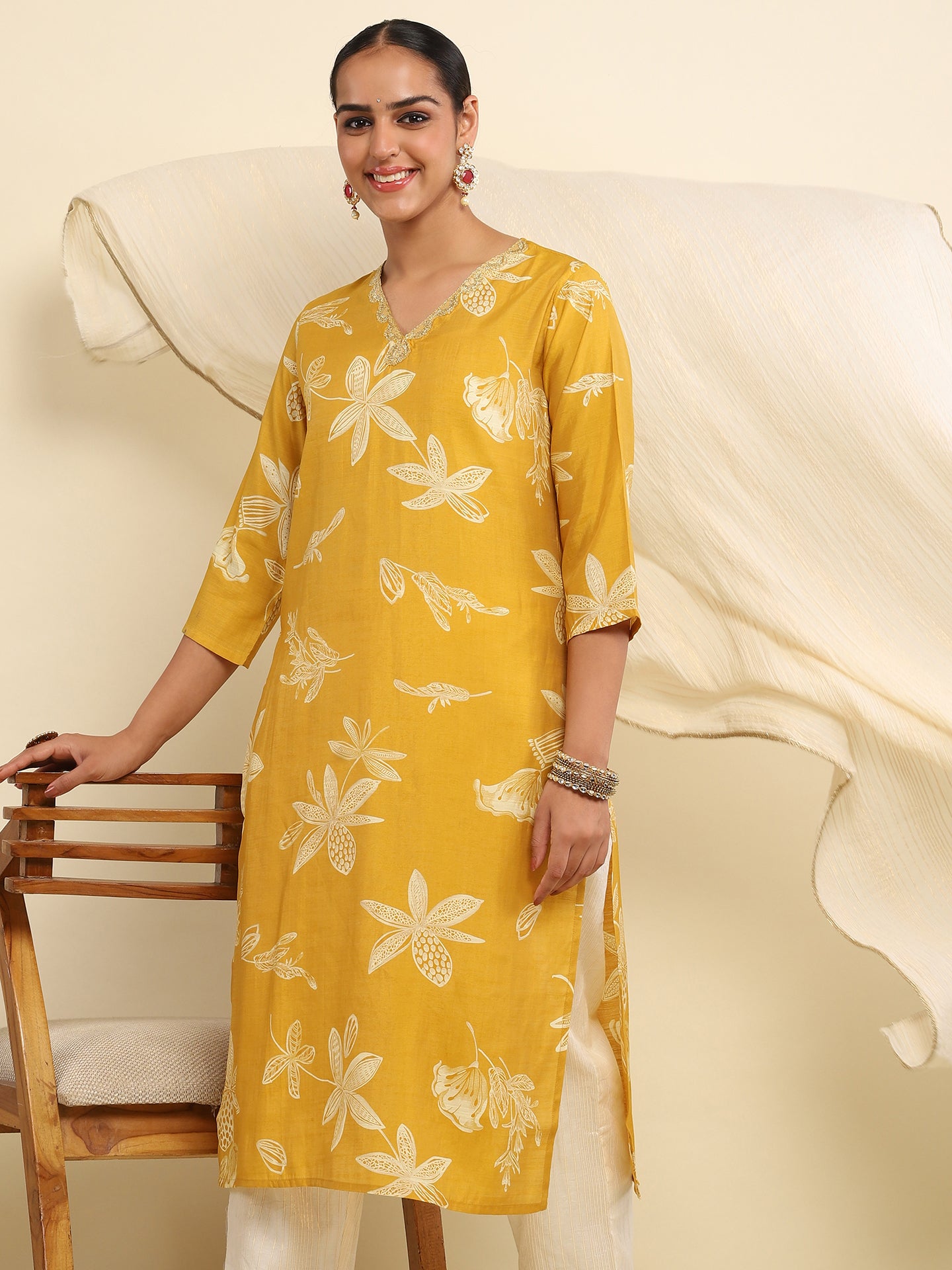 Cotton Embroidered Printed Women's 3 PC Long Kurta Set- Mustard Yellow