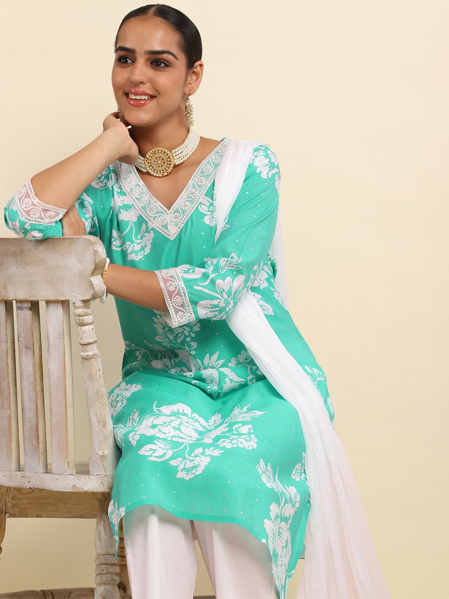 Kashmiri Aari Work Cotton Kurta with Farsi Pant - Bright teal