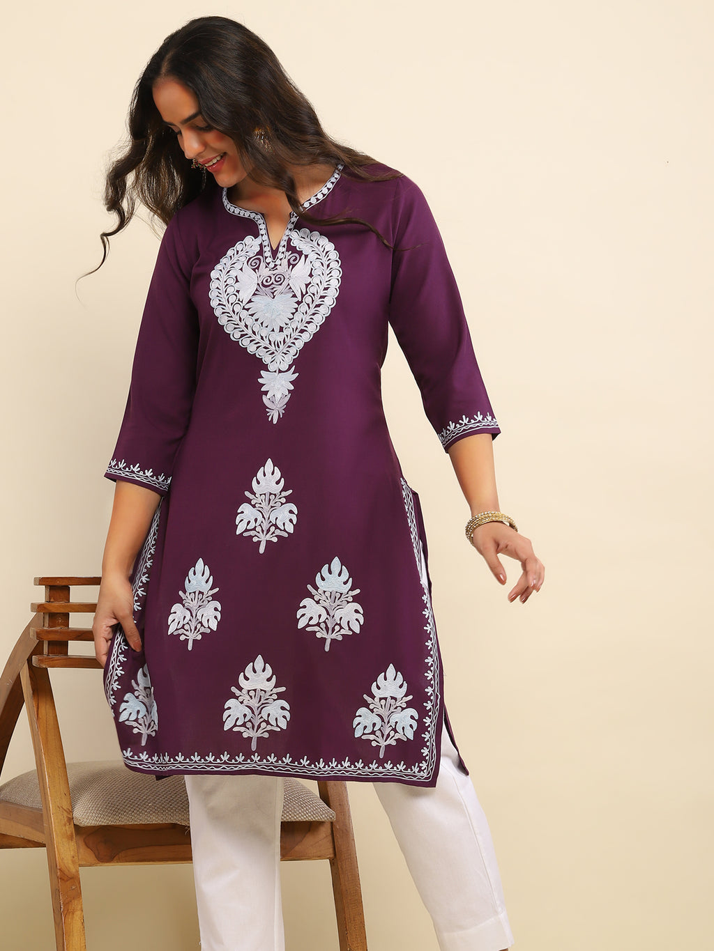 Aari Embroidered Cotton Solid Women's Long Kurta- Purple