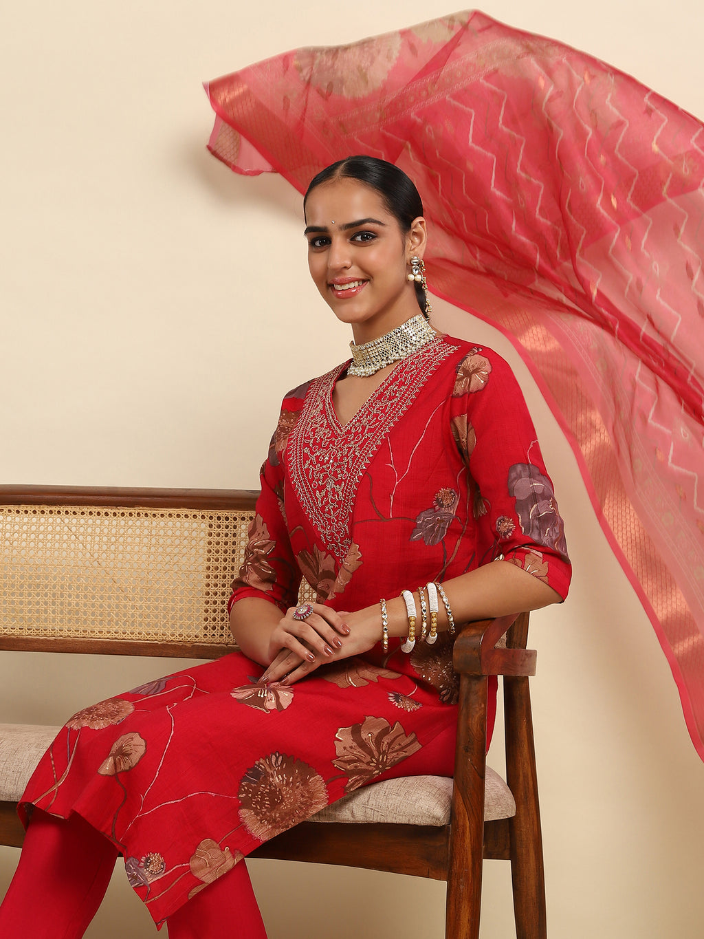 Cotton Embroidered Printed Women's 3 PC Long Kurta Set- Red