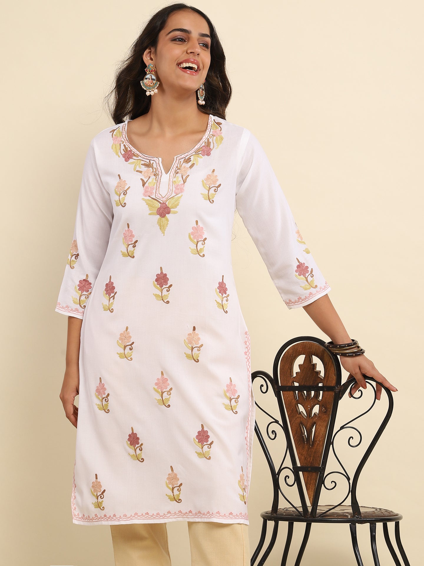 Aari Embroidered Cotton Solid Women's Long Kurta- White