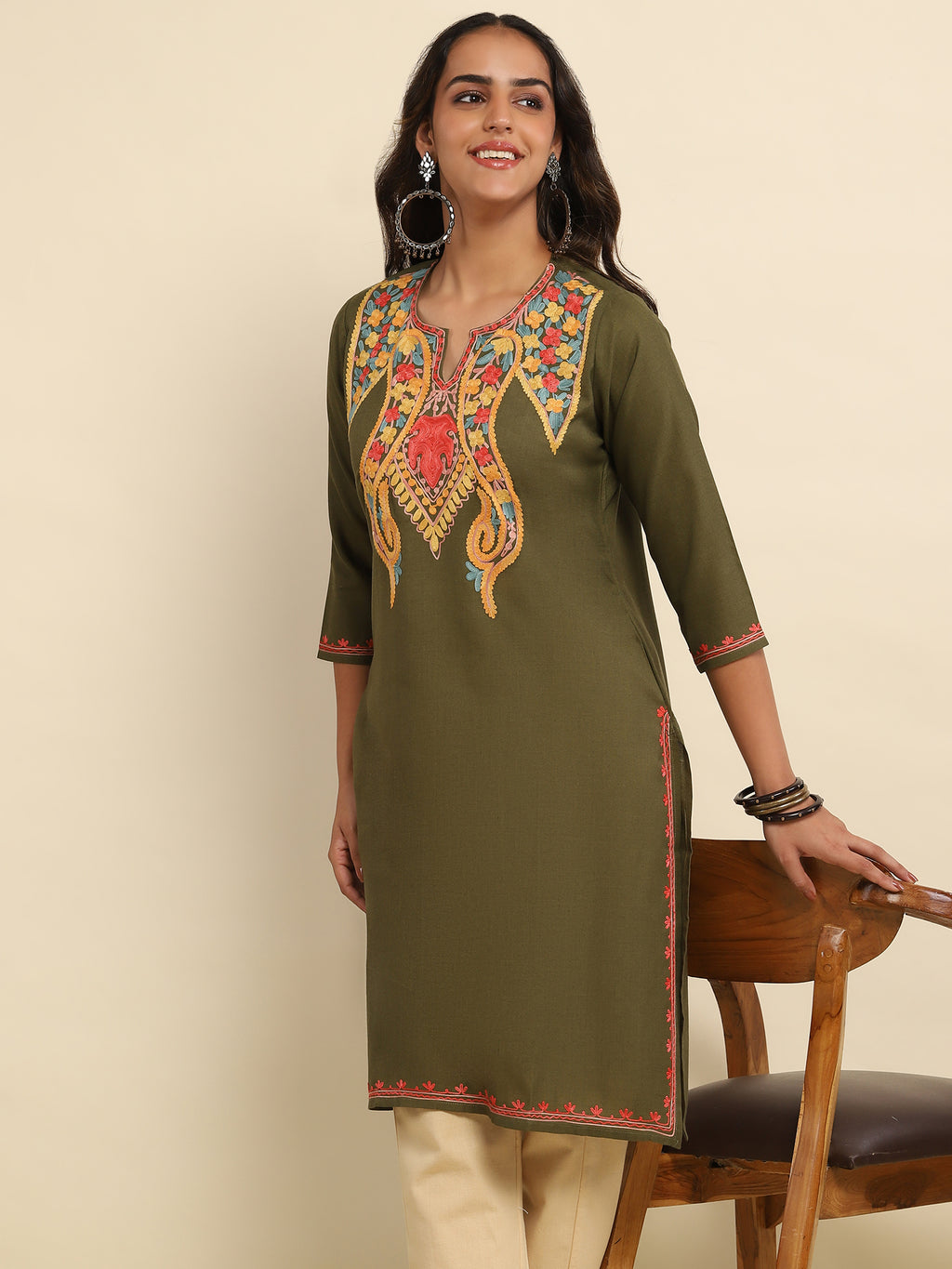 Aari Embroidered Cotton Solid Women's Long Kurta- Olive Green