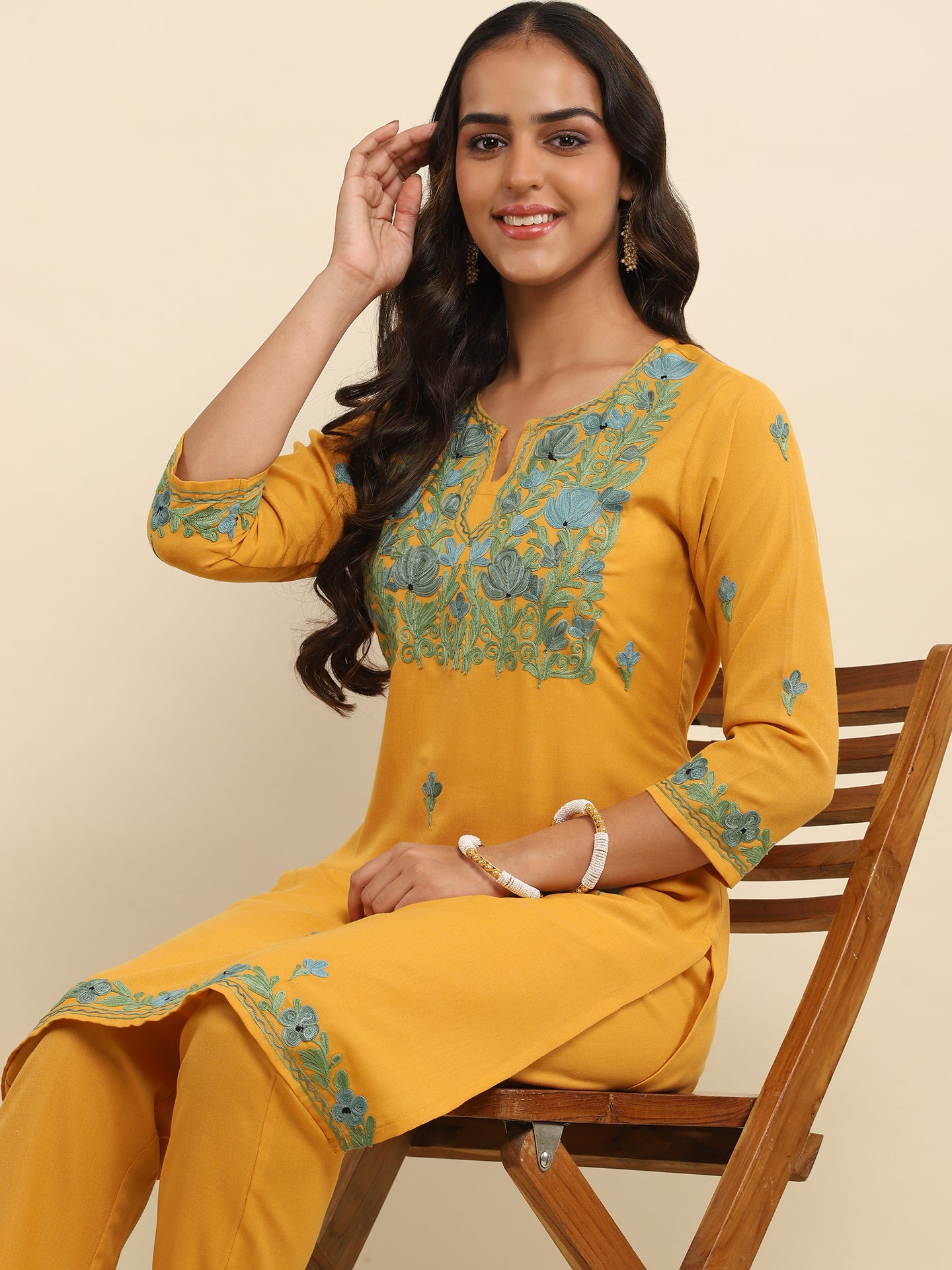 Aari Embroidered Cotton Solid Women's 2 PC Long Kurta Set- Mustard Yellow