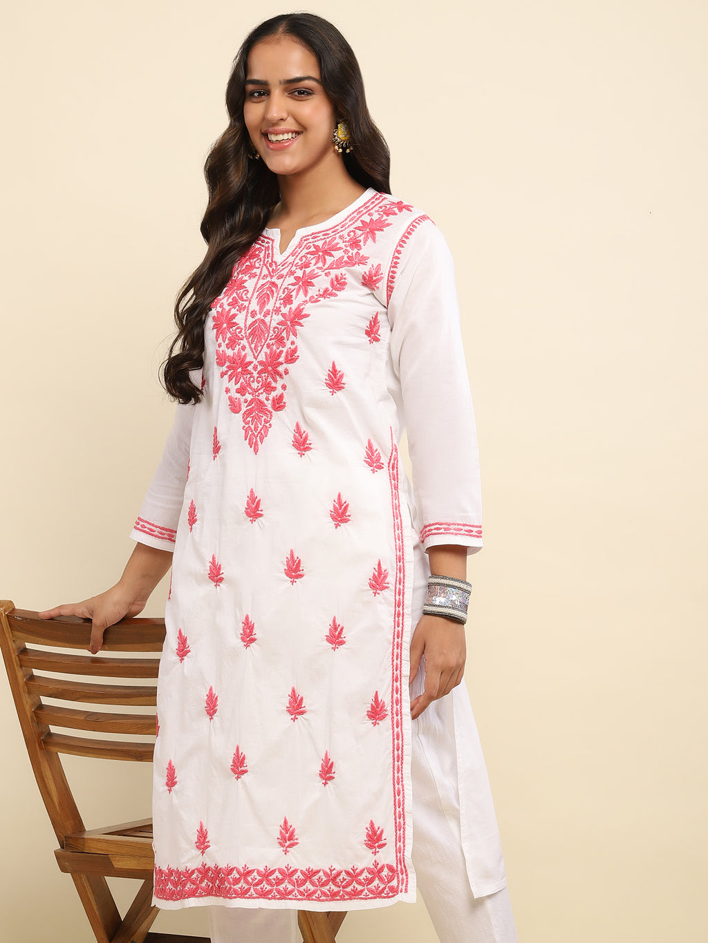 Cotton Chikankari Solid Women's Long Kurta- White