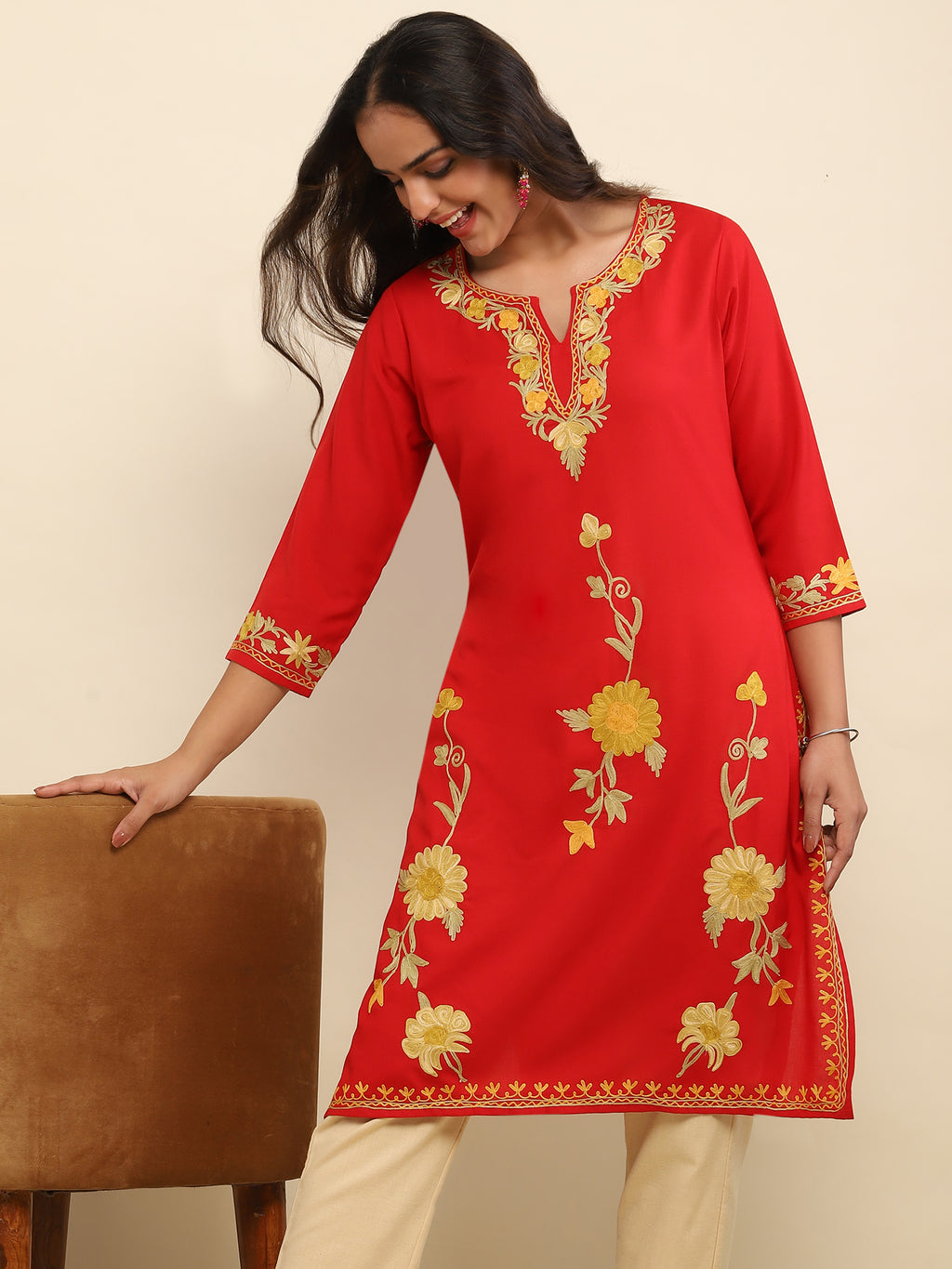 Aari Embroidered Cotton Solid Women's Long Kurta- Red