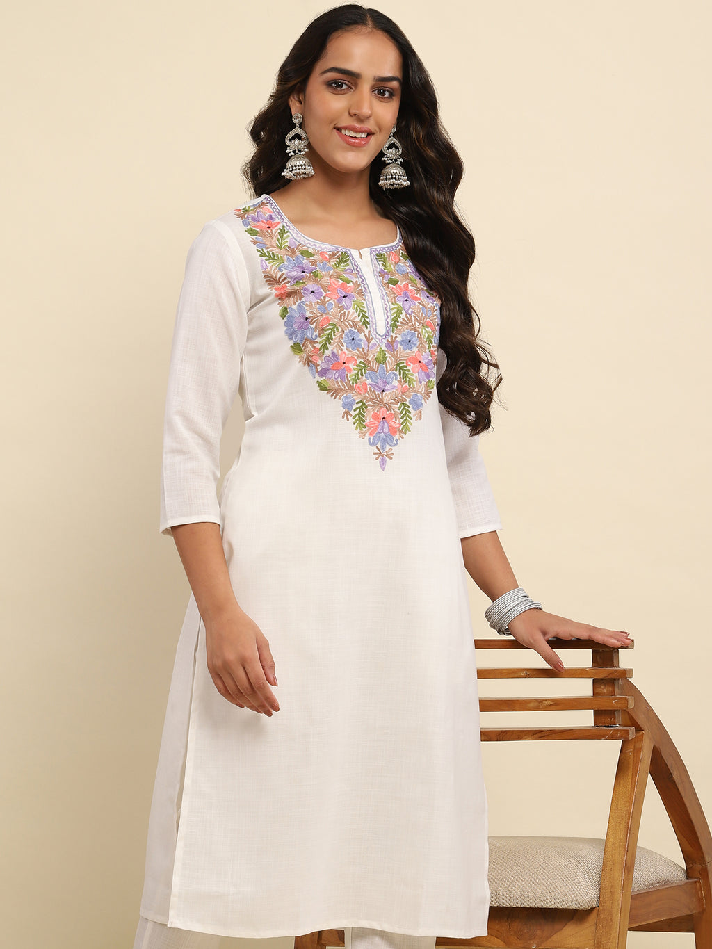Aari Embroidered Cotton Solid Women's 2 PC Long Kurta Set- White