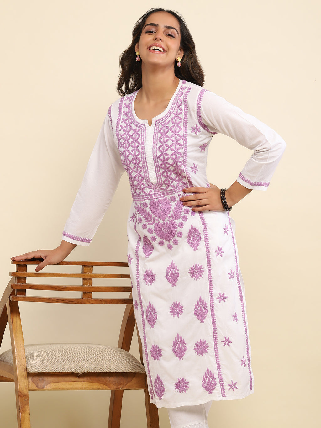 Cotton Chikankari Solid Women's Long Kurta- White