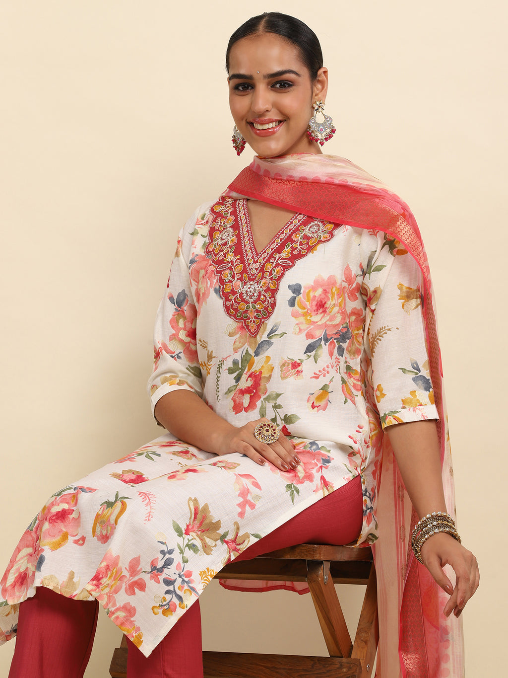 Cotton Embroidered Printed Women's 3 PC Long Kurta Set- White