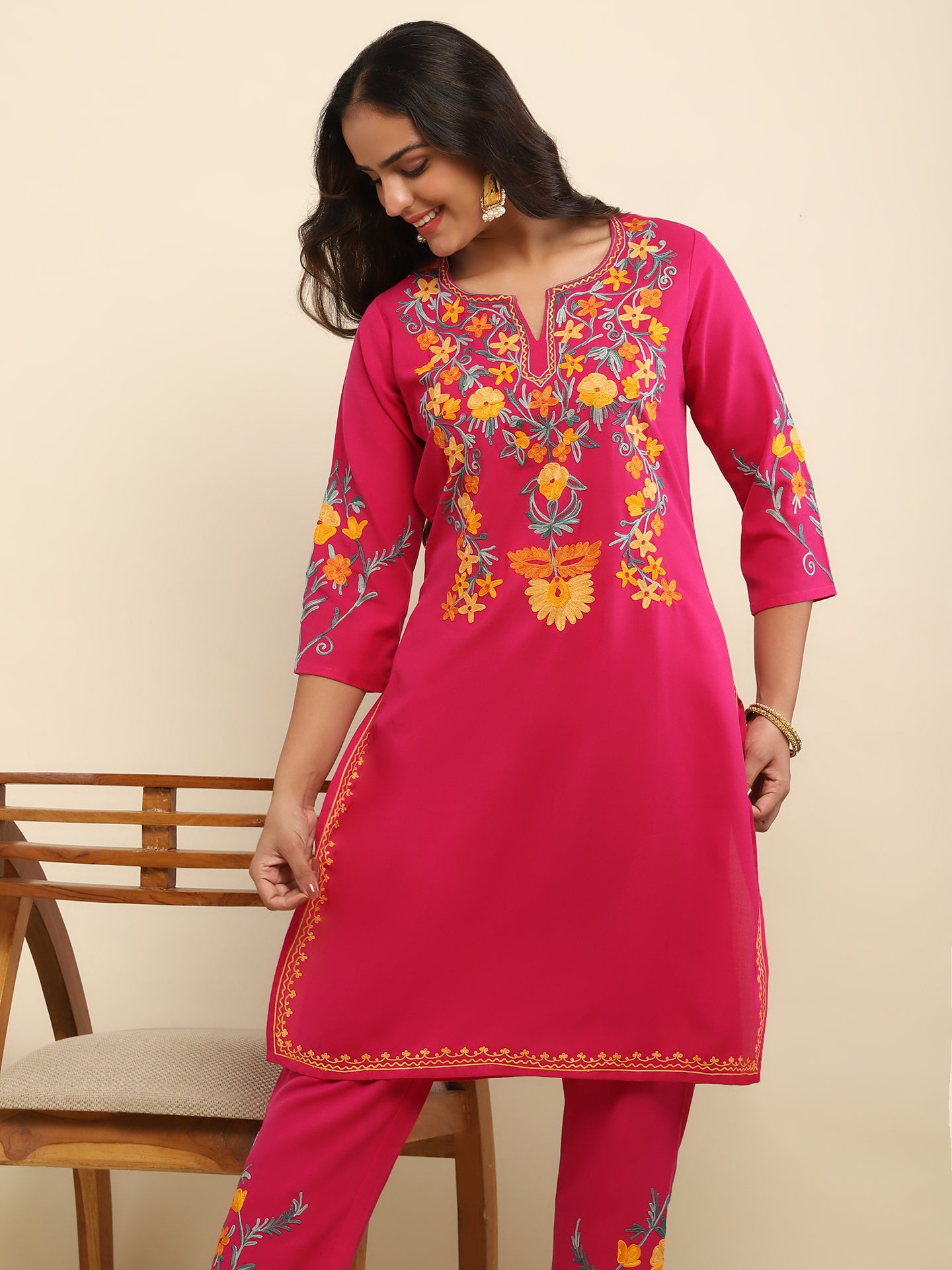 Aari Embroidered Cotton Solid Women's 2 PC Long Kurta Set- Fuchsia