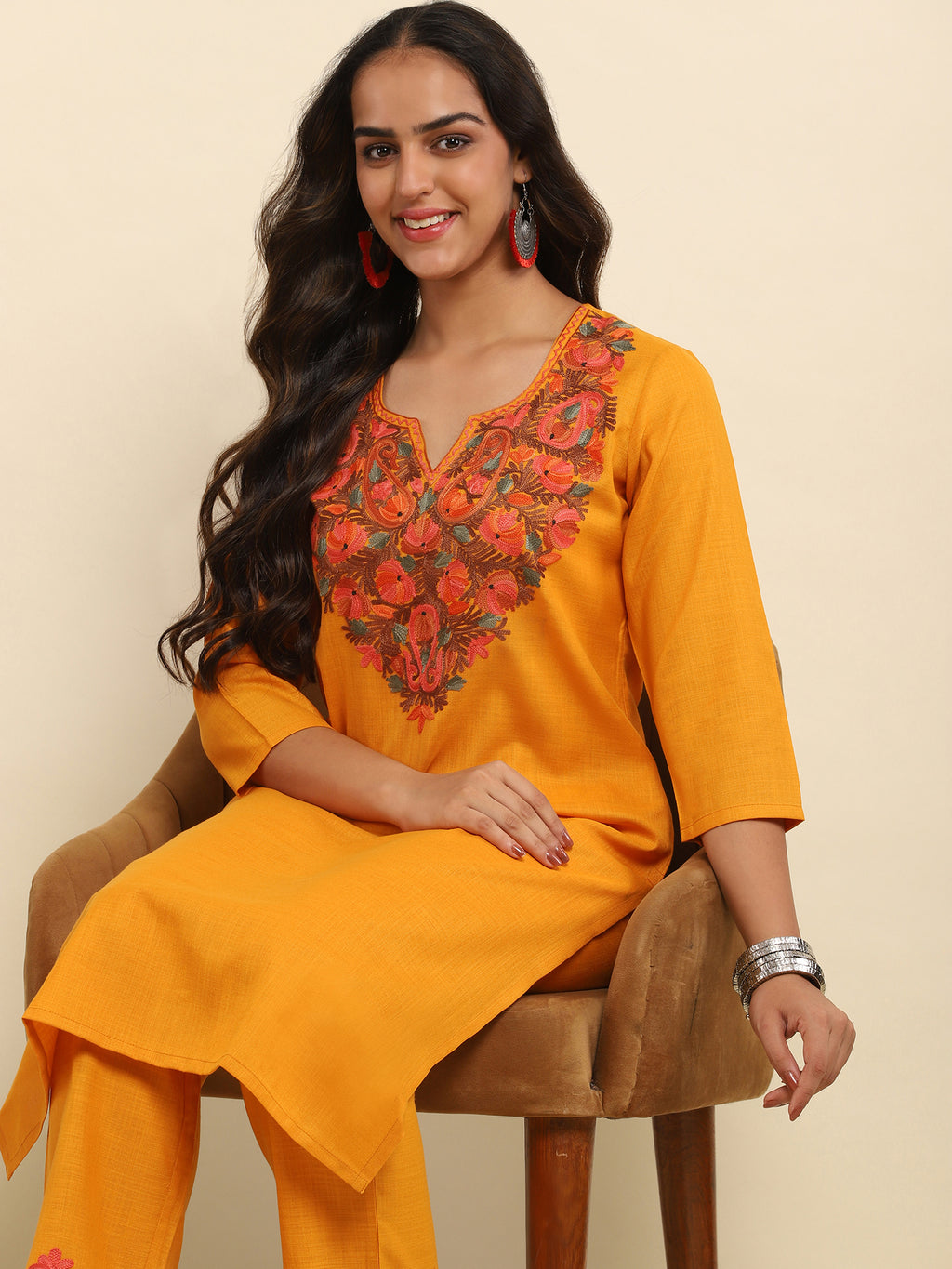 Aari Embroidered Cotton Solid Women's 2 PC Long Kurta Set- Mustard Yellow