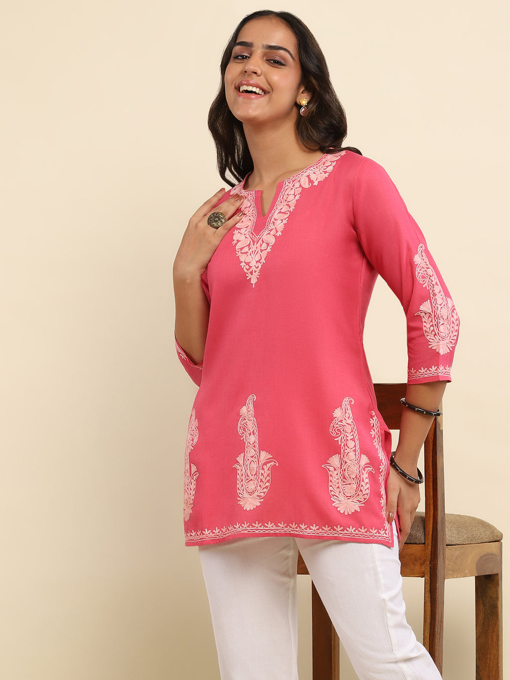Aari Embroidered Cotton Solid Women's Short Kurta - Pink