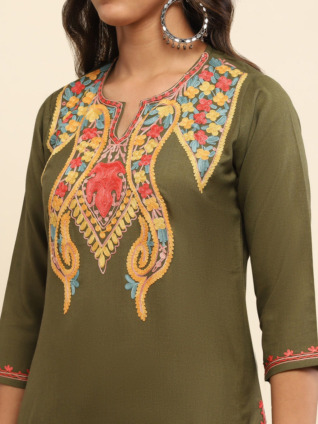 Aari Embroidered Cotton Solid Women's Long Kurta- Olive Green