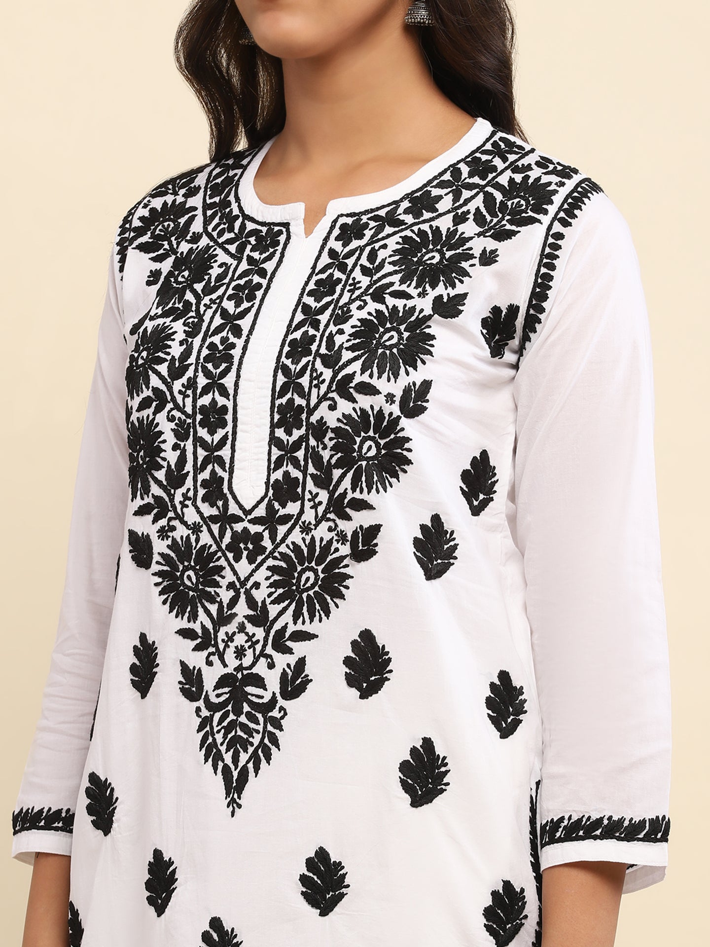 Cotton Chikankari Solid Women's Long Kurta- White