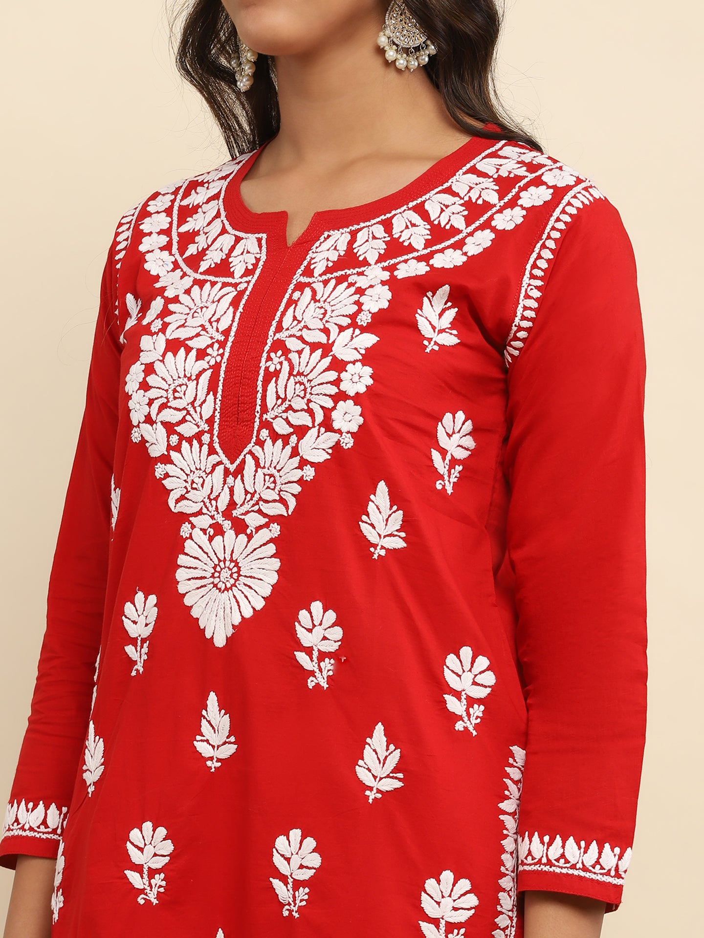 Cotton Chikankari Solid Women's Long Kurta- Red