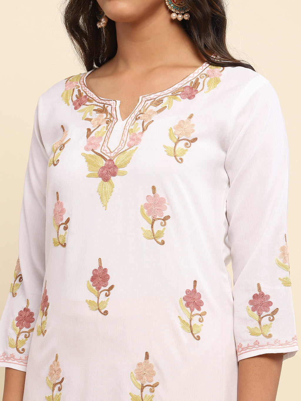 Aari Embroidered Cotton Solid Women's Long Kurta- White