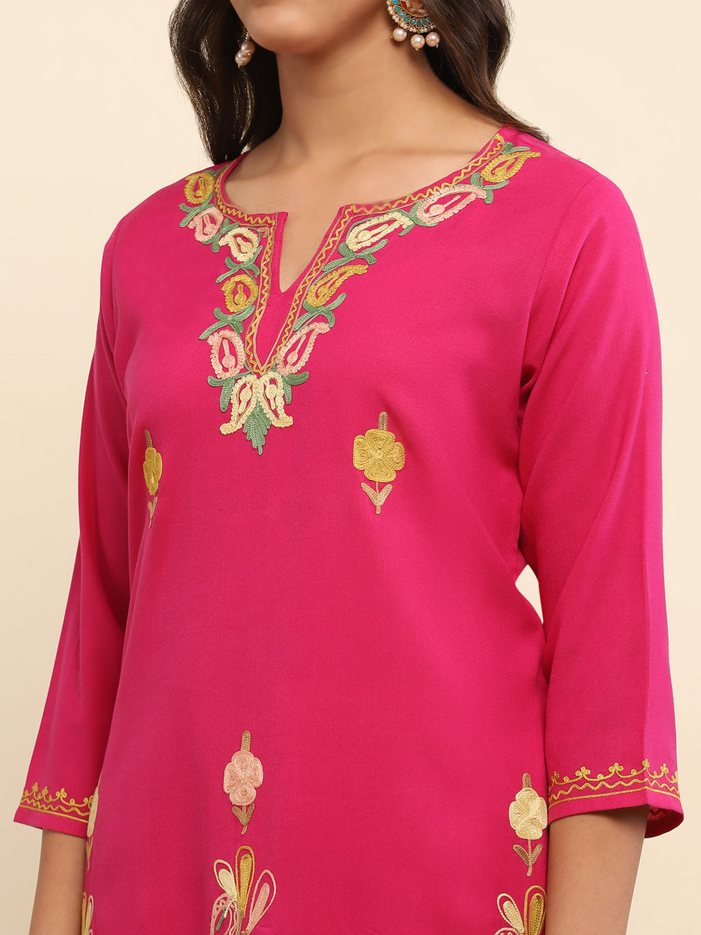 Aari Embroidered Cotton Solid Women's Long Kurta- Fuchsia Pink