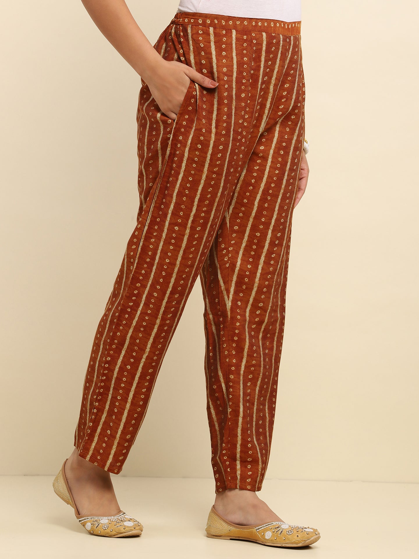 Cotton Embroidered Printed Women's 3 PC Long Kurta Set- Brown