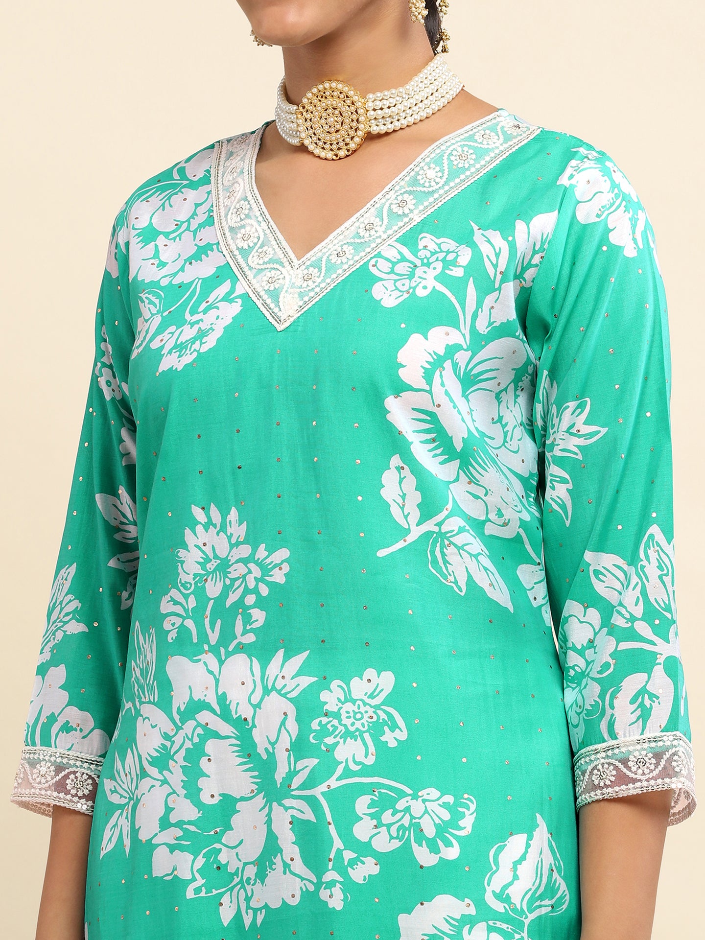 Kashmiri Aari Work Cotton Kurta with Farsi Pant - Bright teal