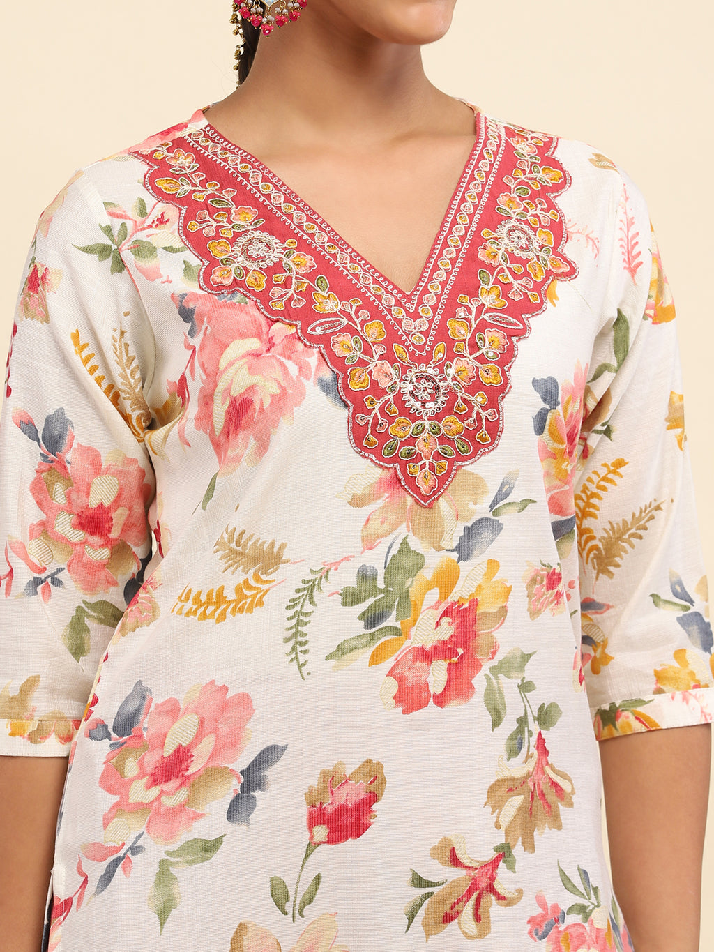 Cotton Embroidered Printed Women's 3 PC Long Kurta Set- White