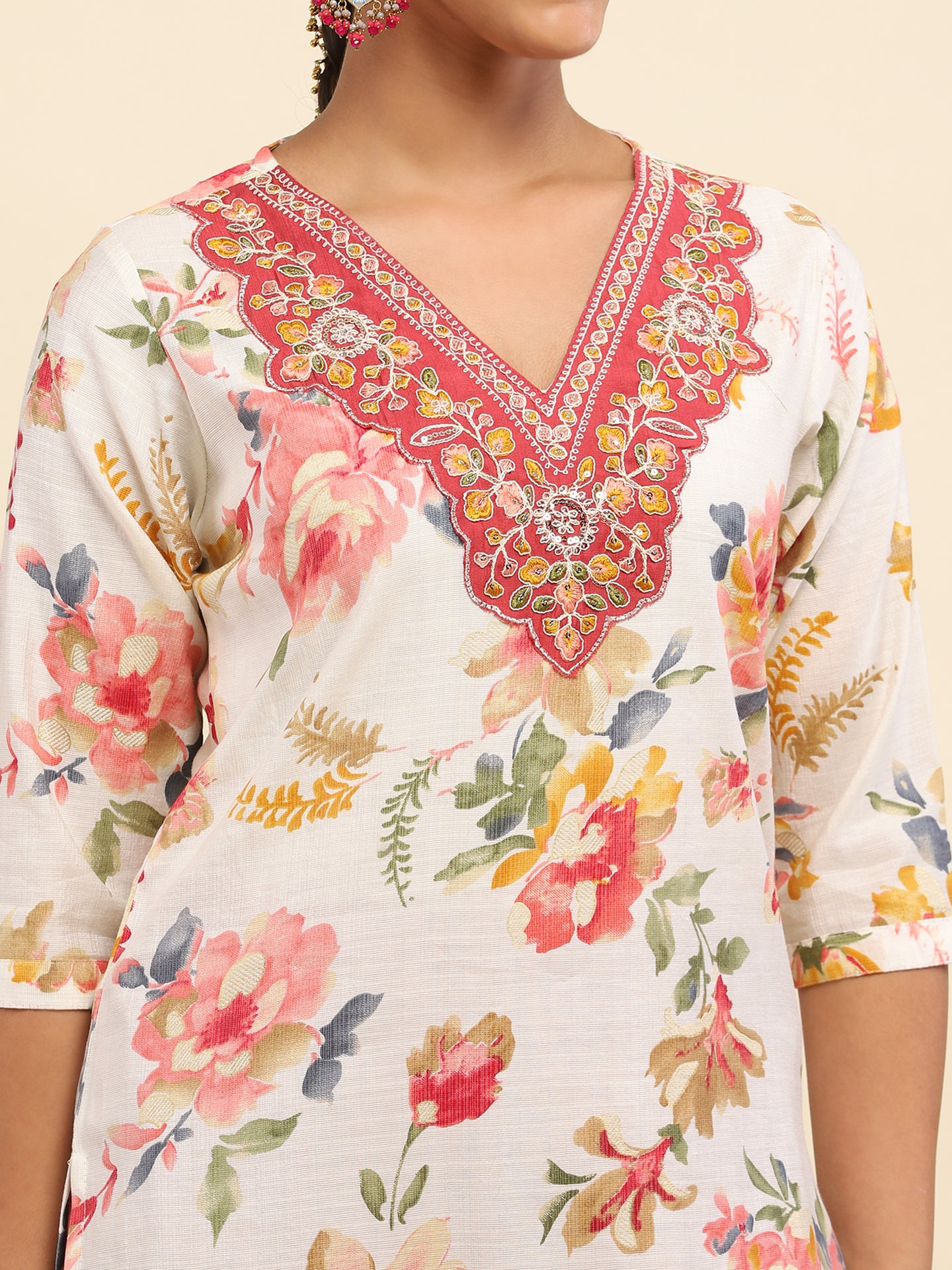 Cotton Embroidered Printed Women's 3 PC Long Kurta Set- White