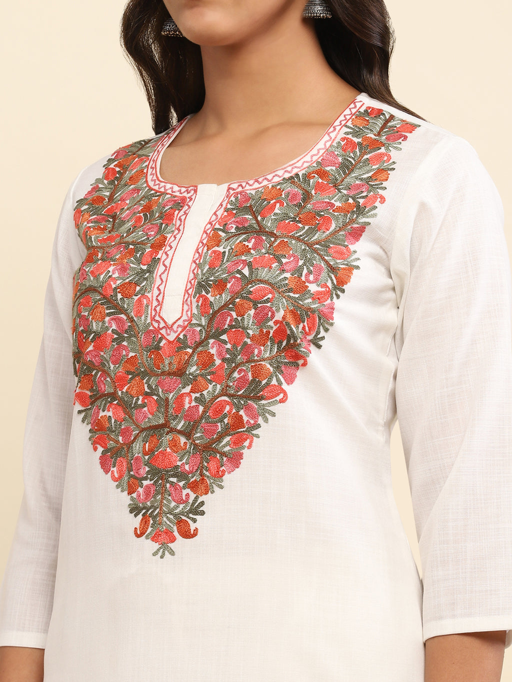 Aari Embroidered Cotton Solid Women's 2 PC Long Kurta Set- White