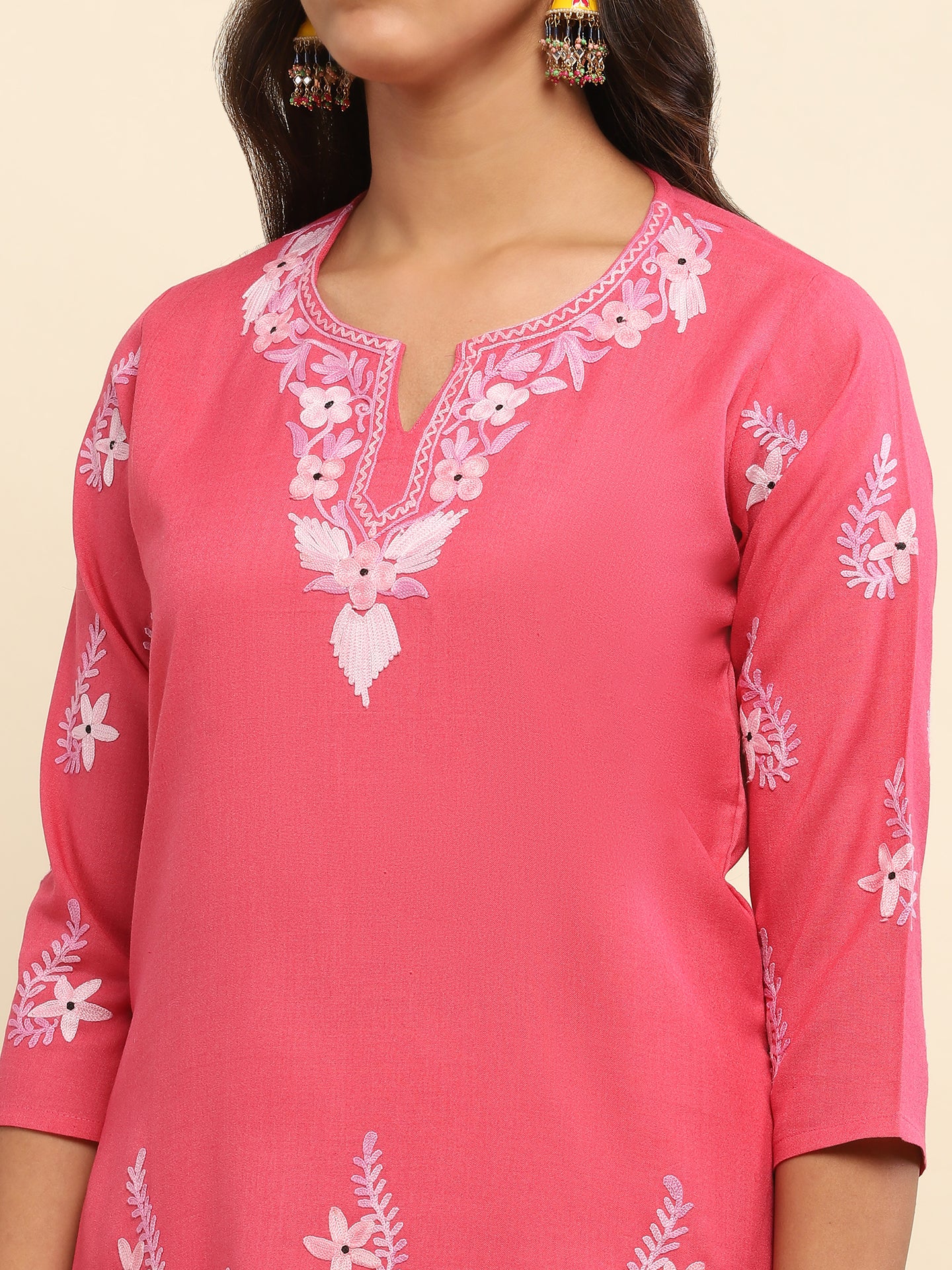 Aari Embroidered Cotton Solid Women's Long Kurta Kurta- Dark Pink