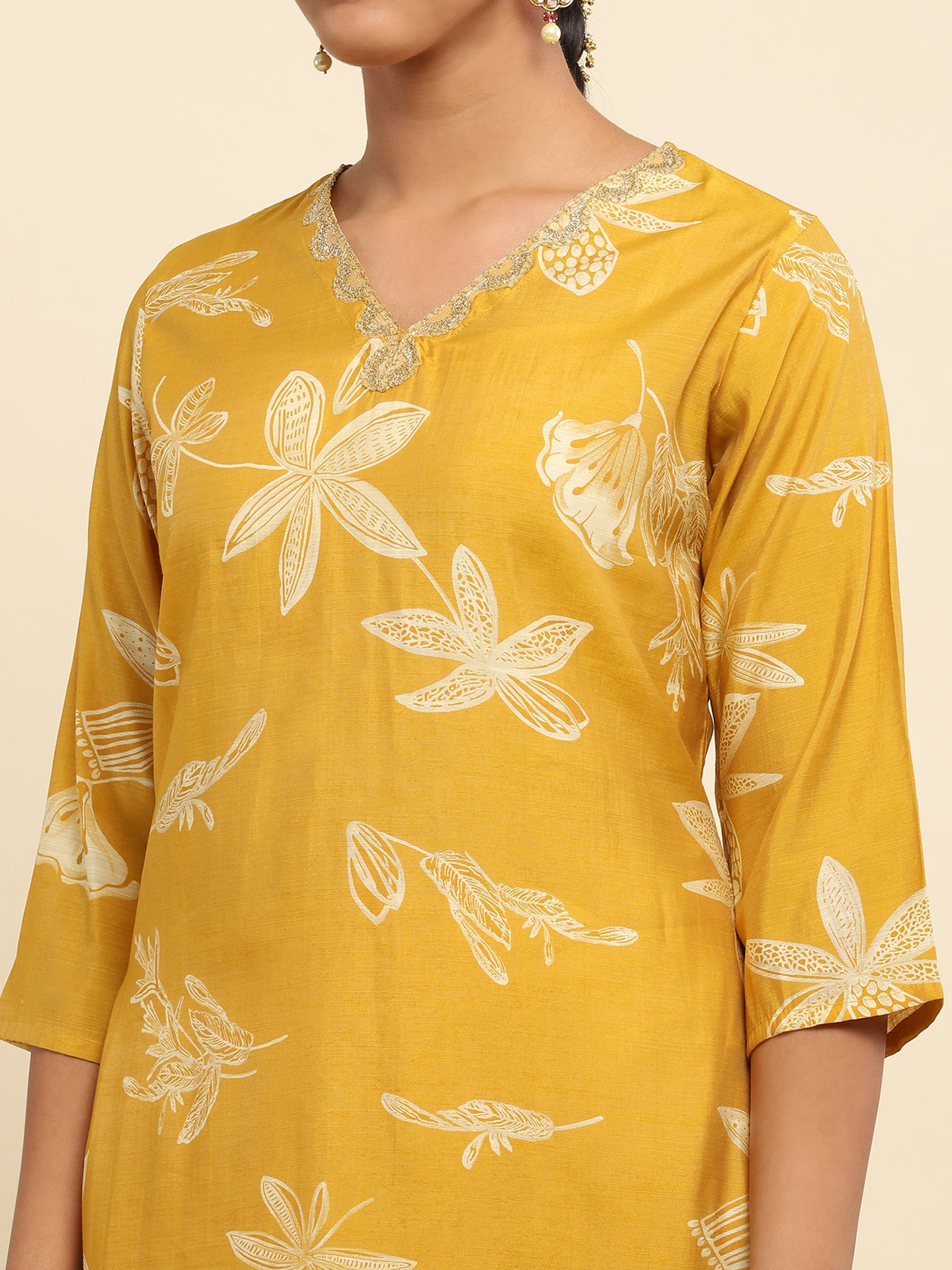 Cotton Embroidered Printed Women's 3 PC Long Kurta Set- Mustard Yellow