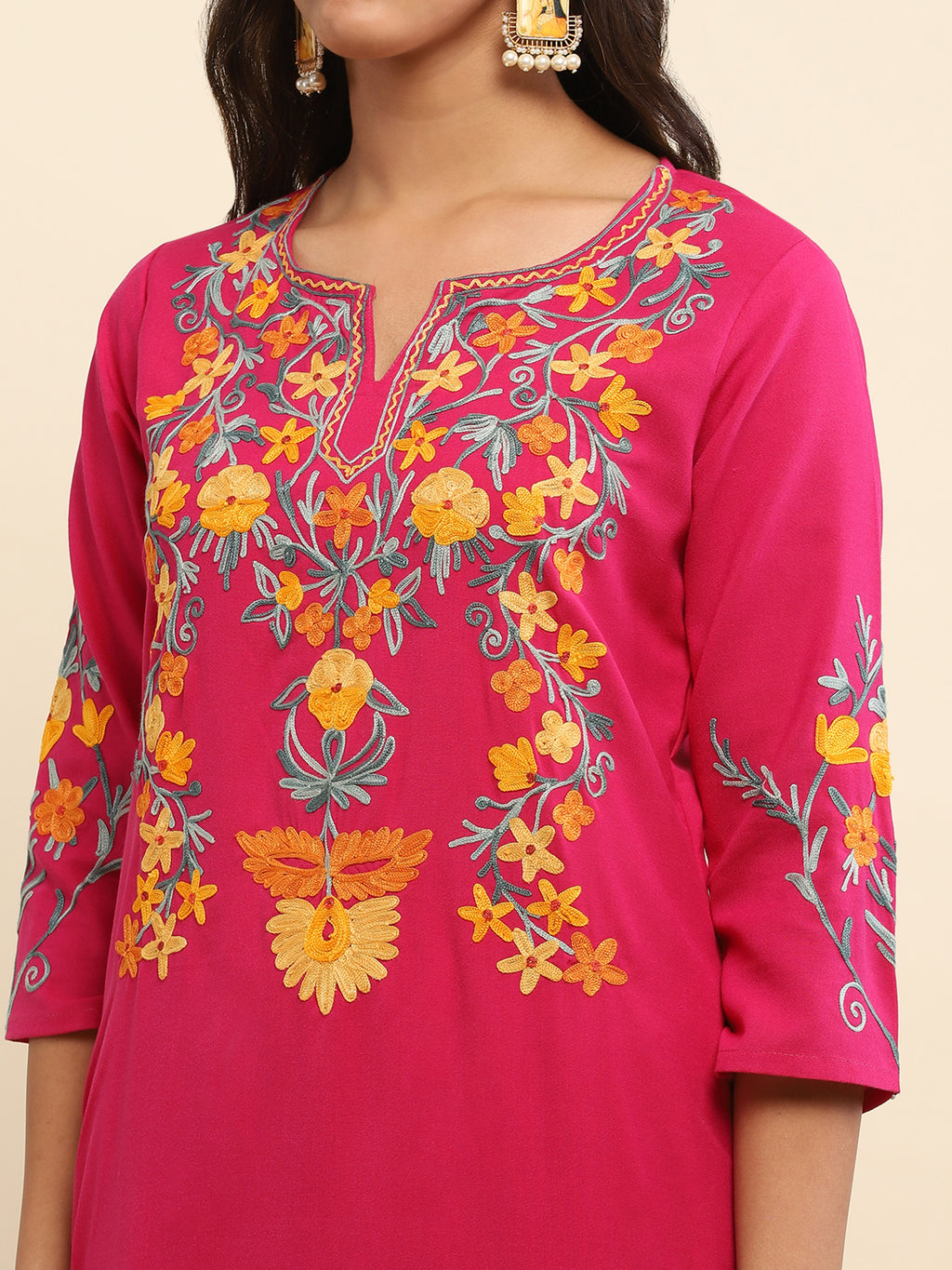 Aari Embroidered Cotton Solid Women's 2 PC Long Kurta Set- Fuchsia