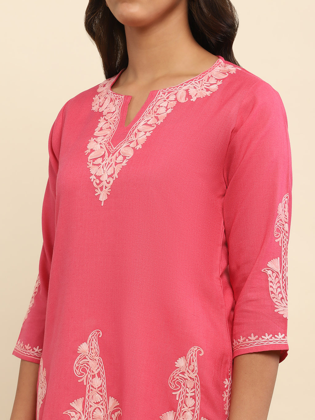 Aari Embroidered Cotton Solid Women's Short Kurta - Pink