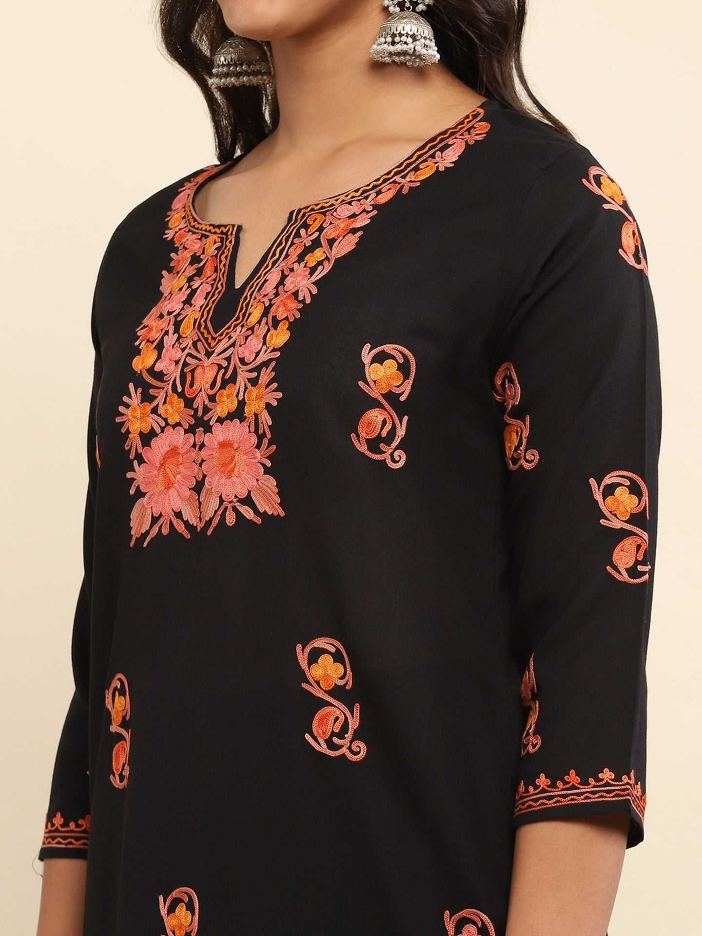 Aari Embroidered Cotton Solid Women's Long Kurta - Black