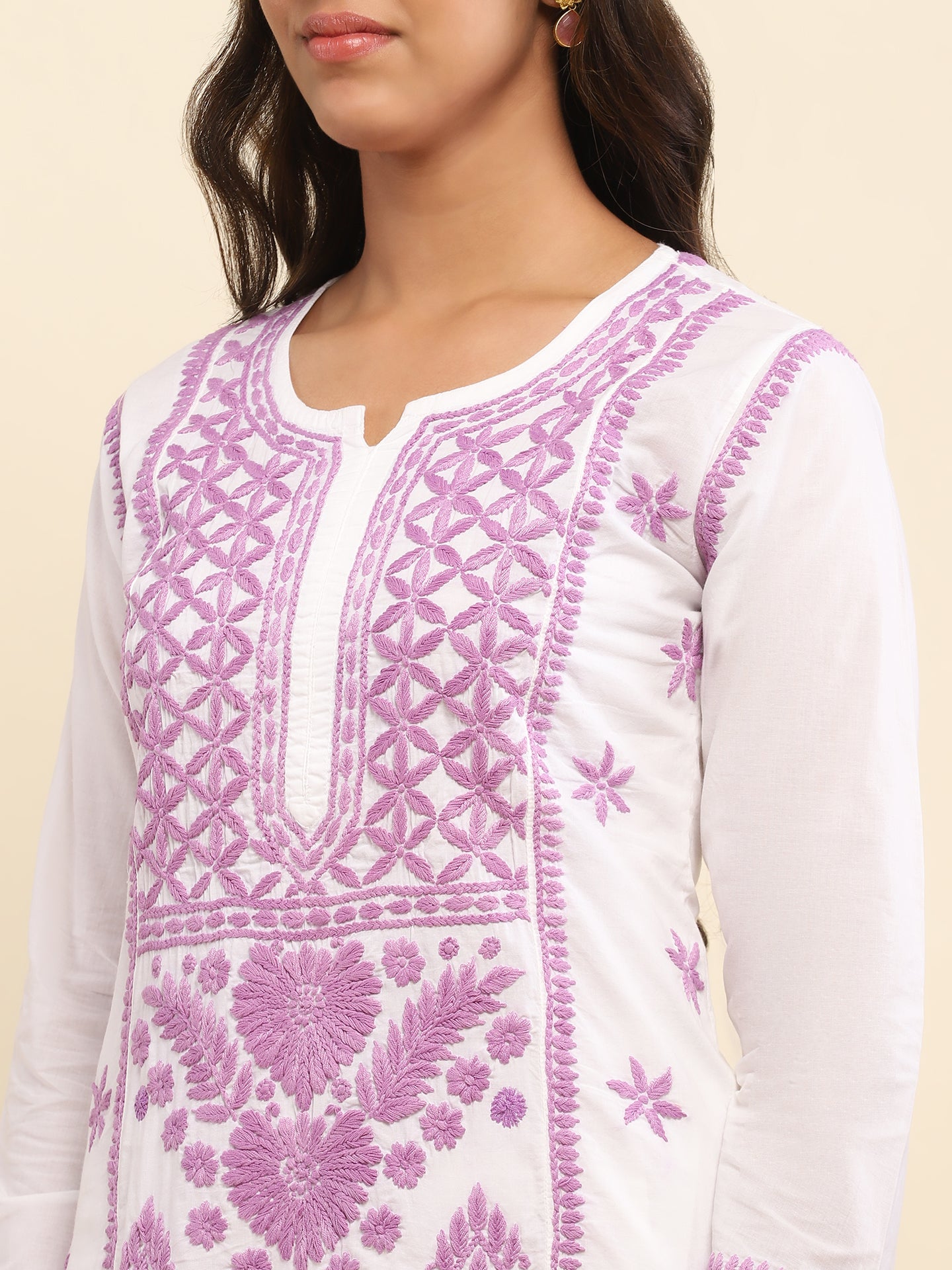 Cotton Chikankari Solid Women's Long Kurta- White
