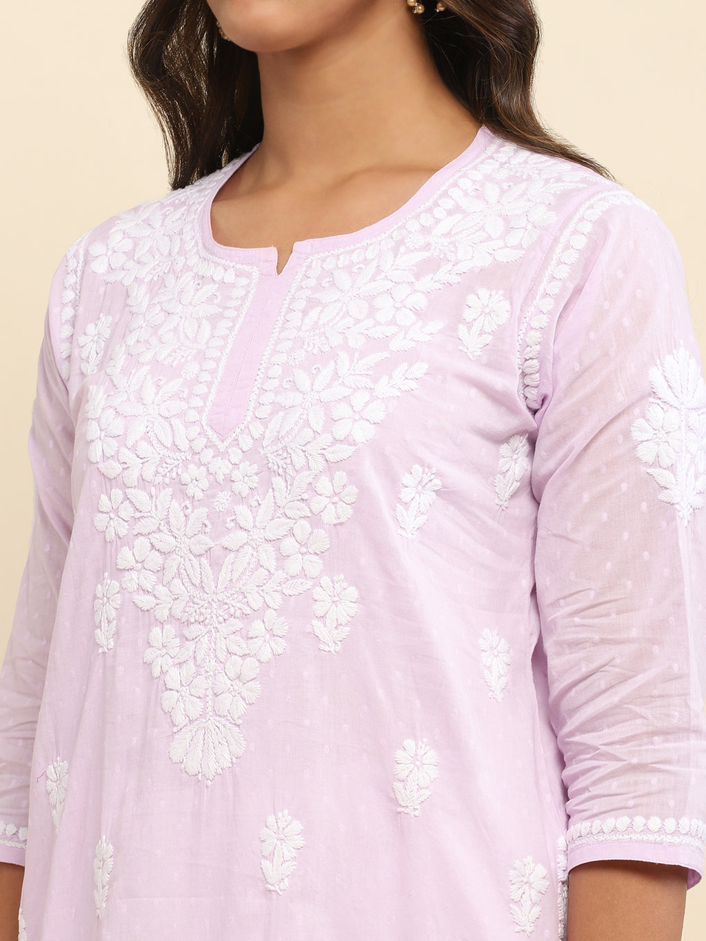 Cotton Chikankari Solid Women's Short Kurta- Lavender