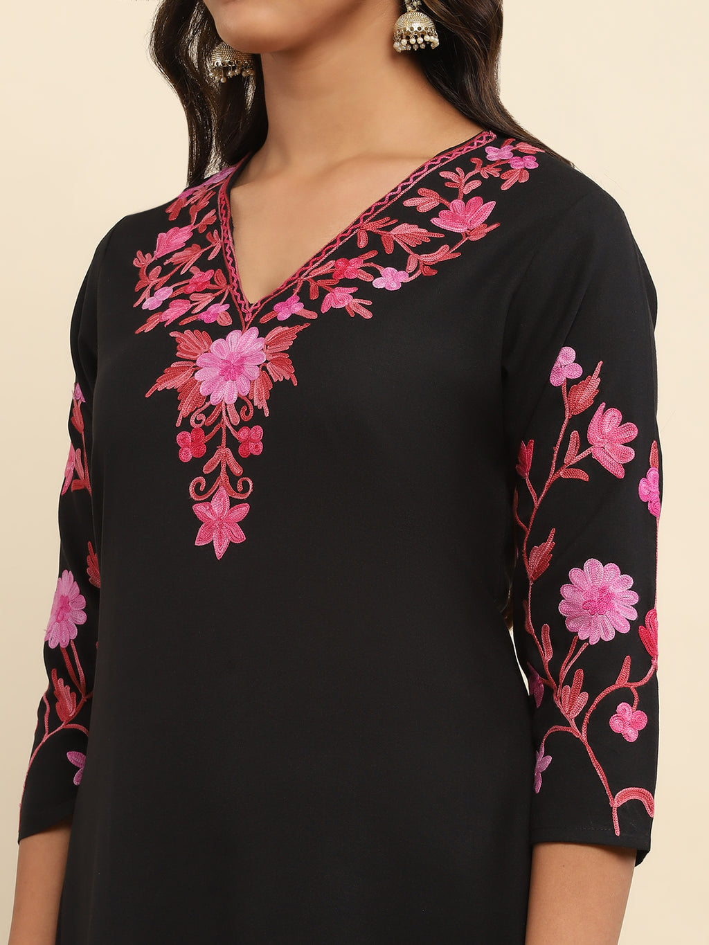 Aari Embroidered Cotton Solid Women's 2 PC Long Kurta Set- Black