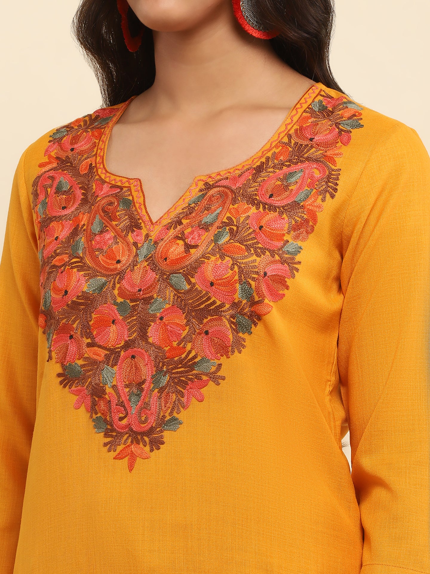 Aari Embroidered Cotton Solid Women's 2 PC Long Kurta Set- Mustard Yellow