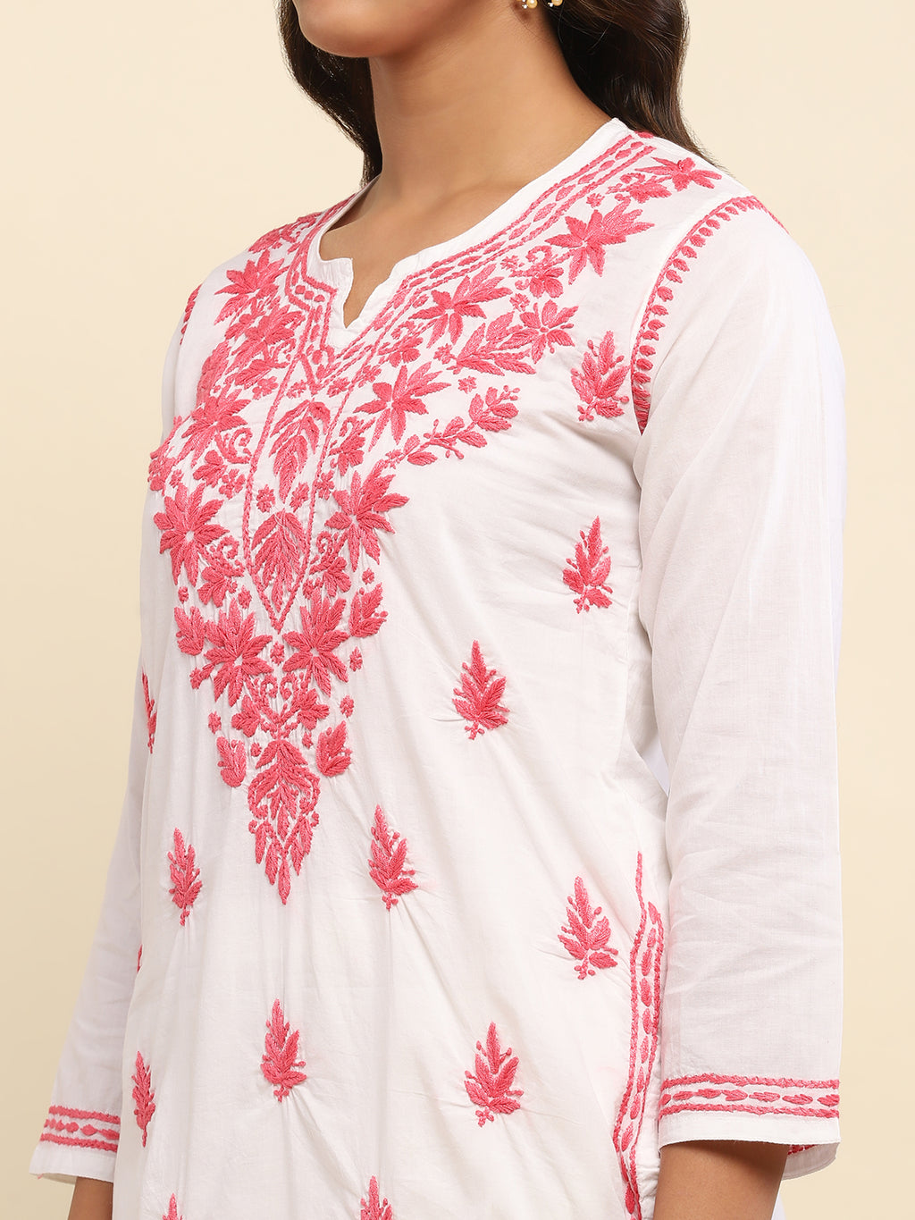 Cotton Chikankari Solid Women's Long Kurta- White