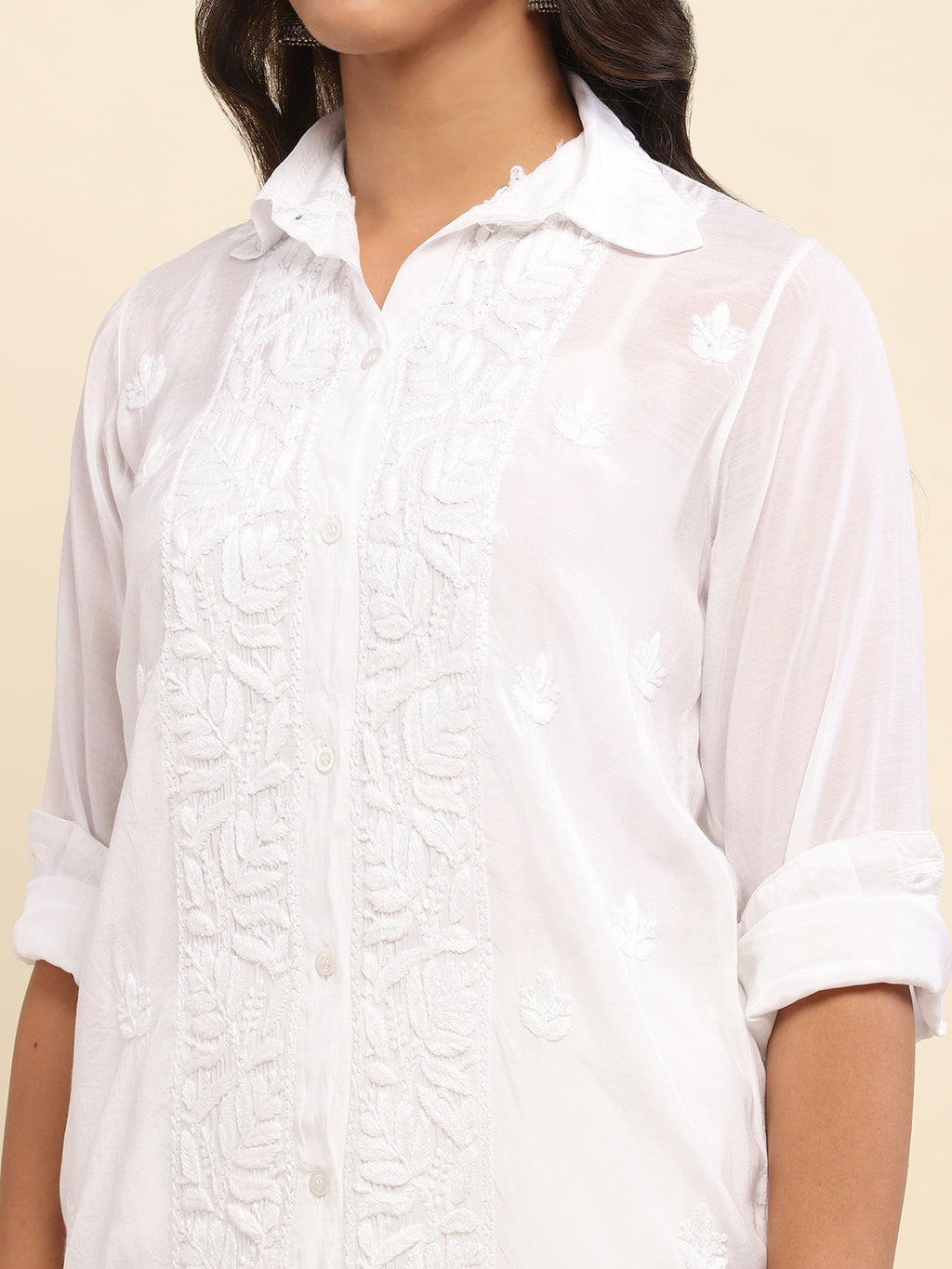 Muslin Chikankari Solid Women's Shirt- White