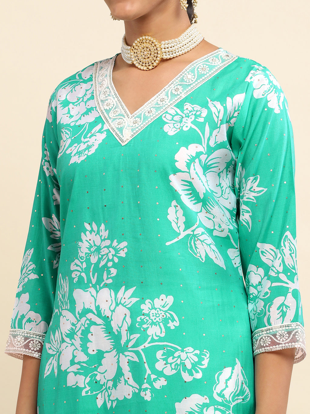 Cotton Embroidered Printed Women's 3 PC Long Kurta Set- Turquoise Blue