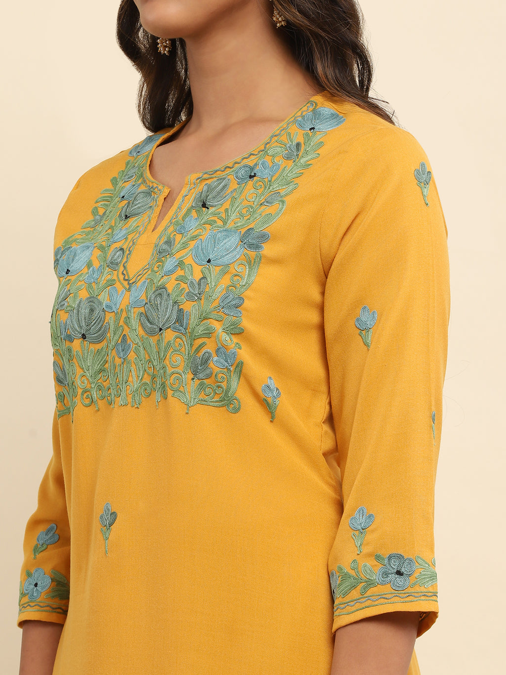 Aari Embroidered Cotton Solid Women's 2 PC Long Kurta Set- Mustard Yellow