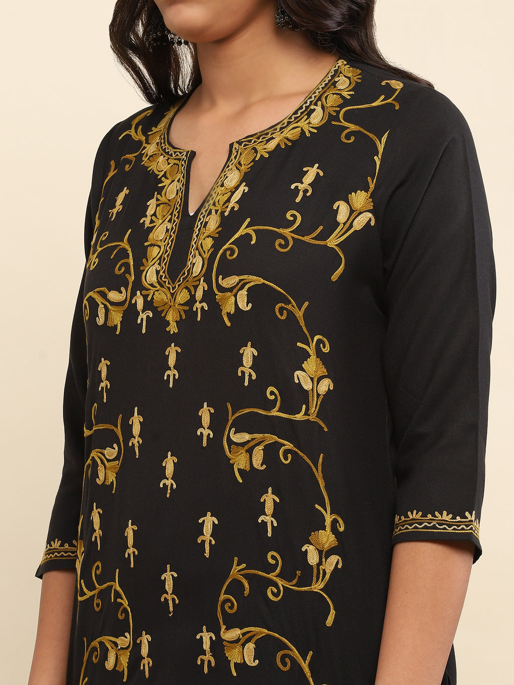 Aari Embroidered Cotton Solid Women's Long Kurta - Black