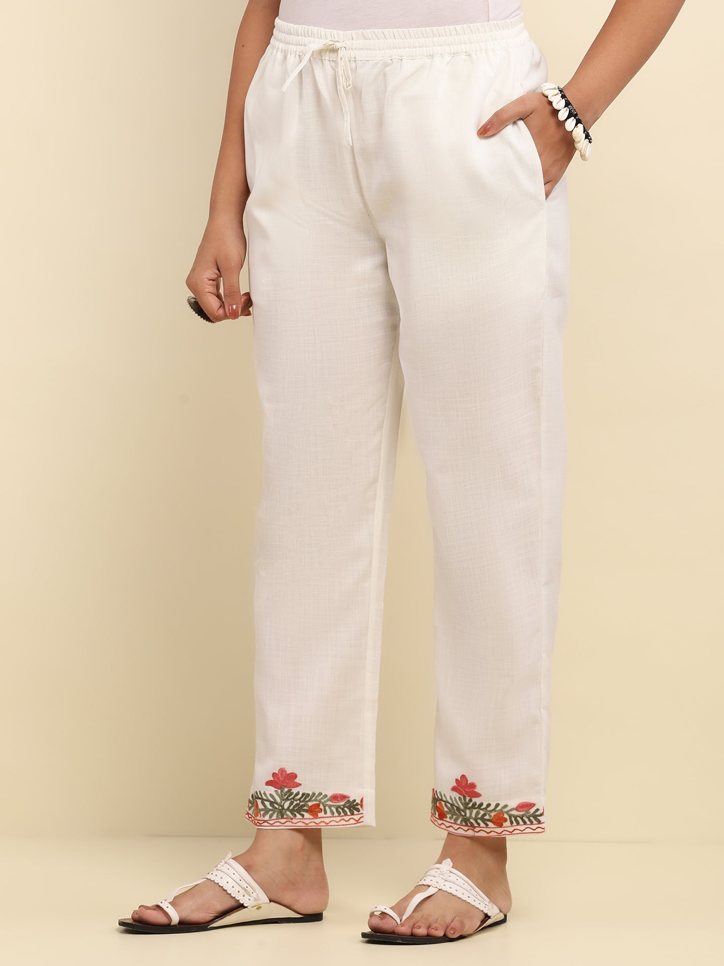 Aari Embroidered Cotton Solid Women's 2 PC Long Kurta Set- White