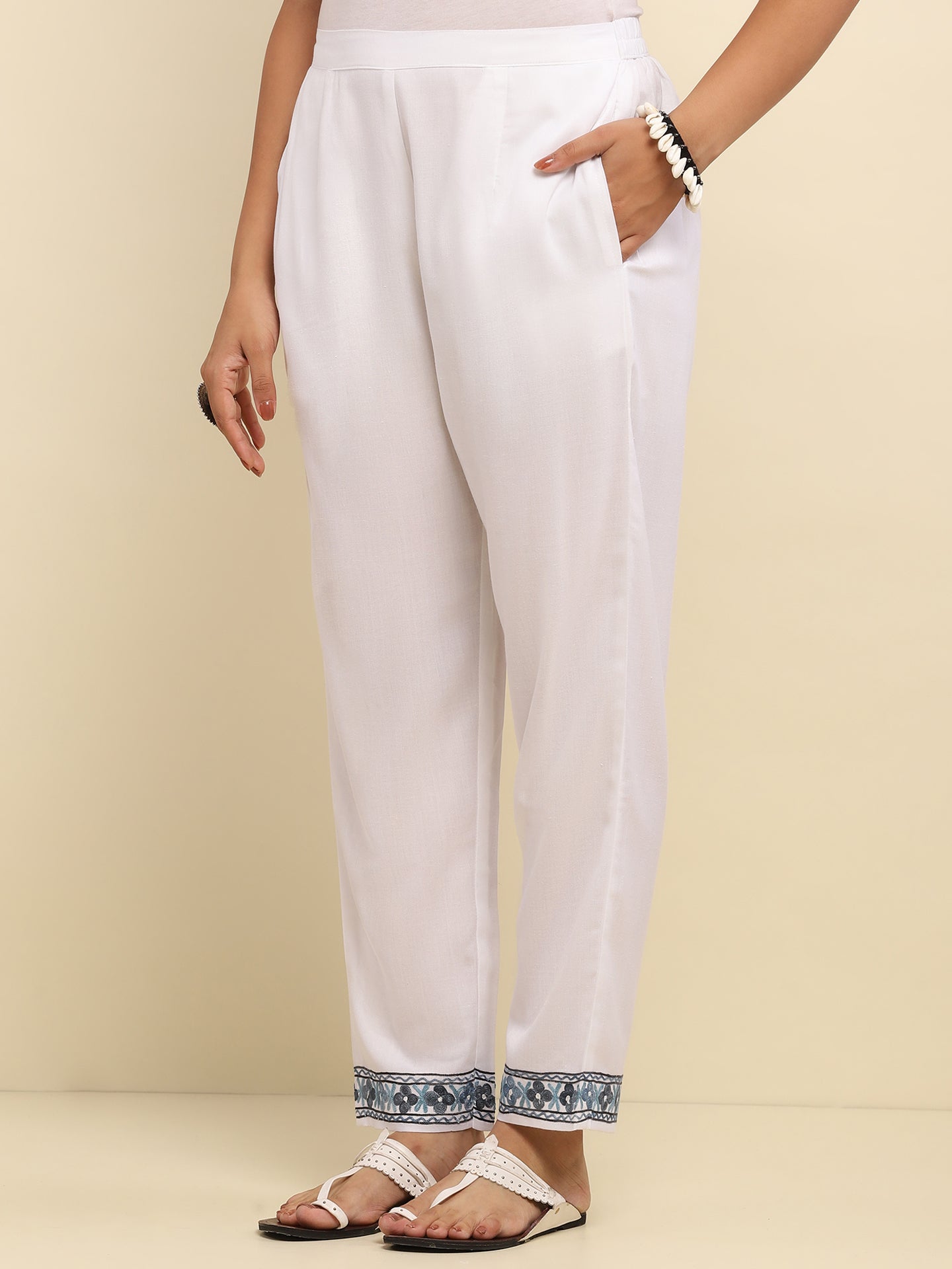 Aari Embroidered Cotton Solid Women's 2 PC Long Kurta Set- White