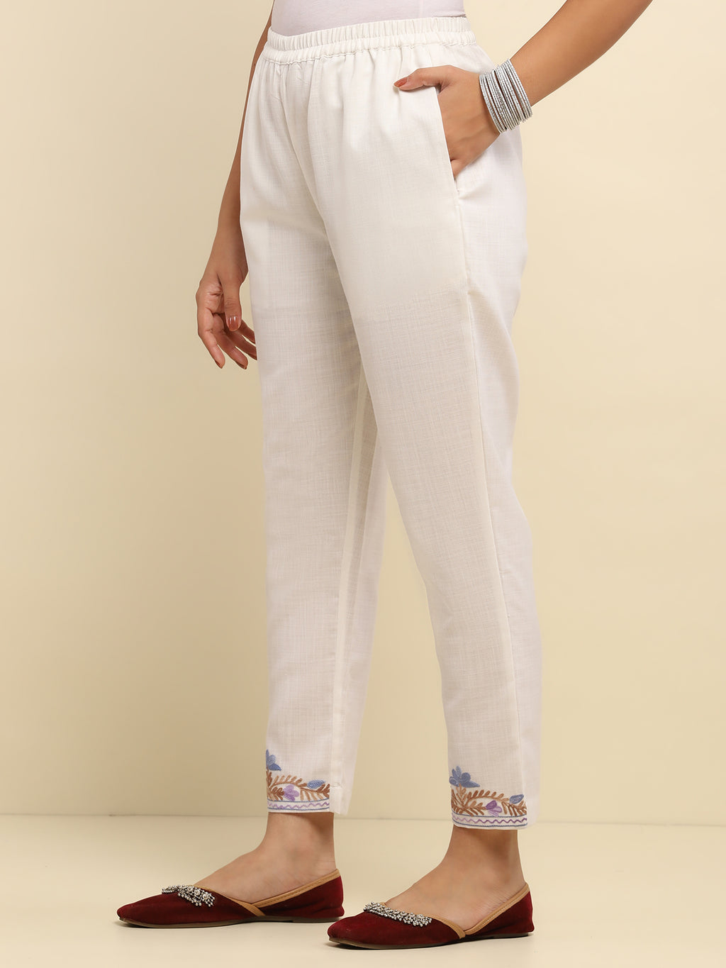 Aari Embroidered Cotton Solid Women's 2 PC Long Kurta Set- White